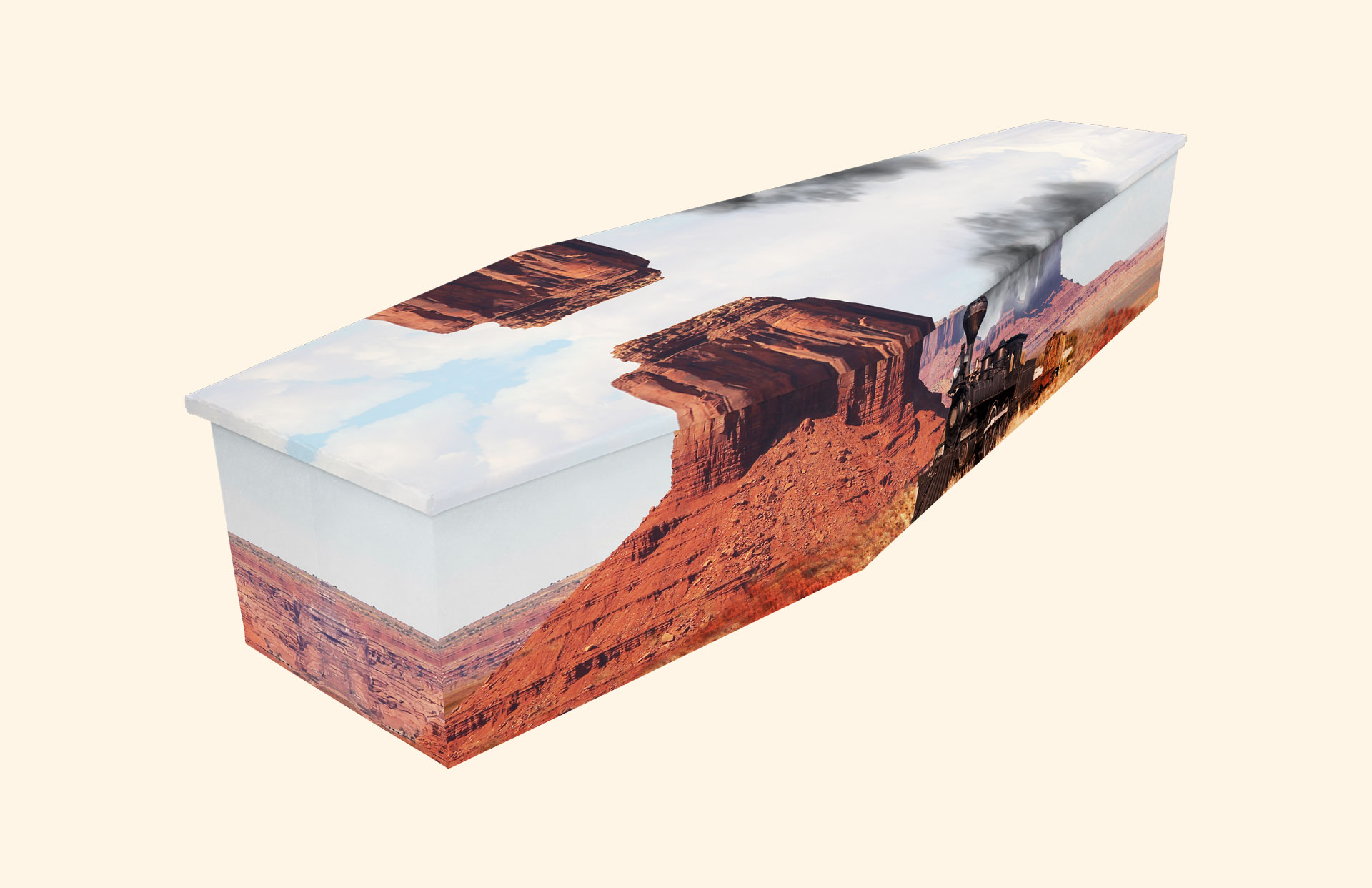 Go West design on a cardboard coffin