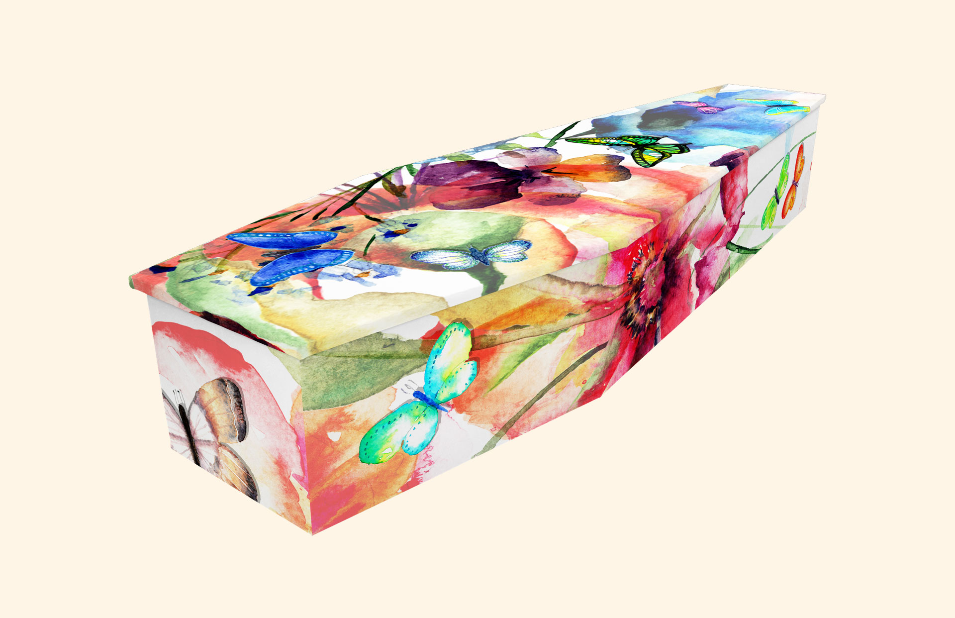 Flutterby design on a cardboard coffin