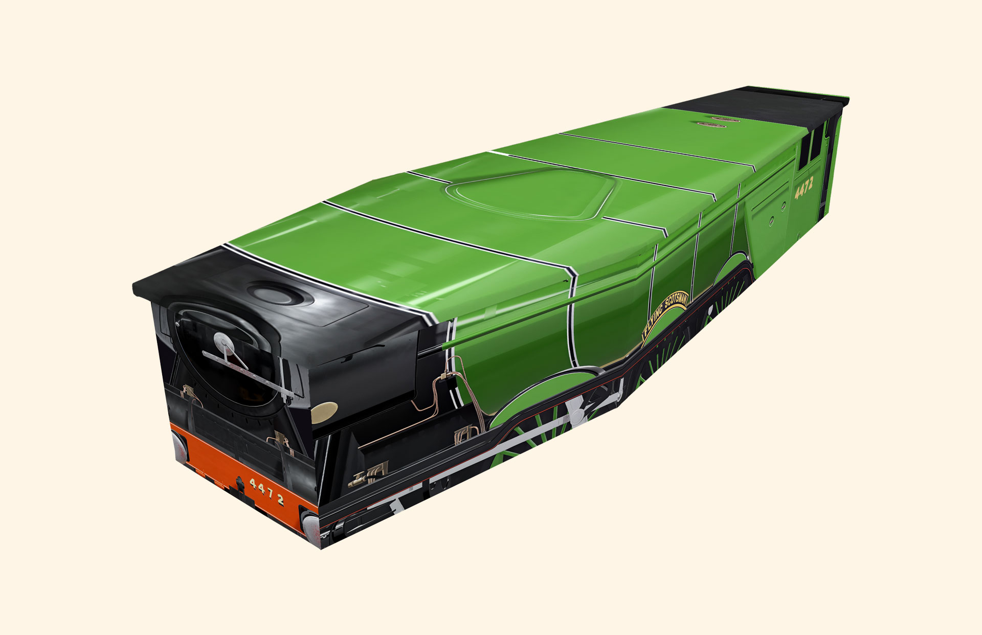 Steaming Along design on a cardboard coffin