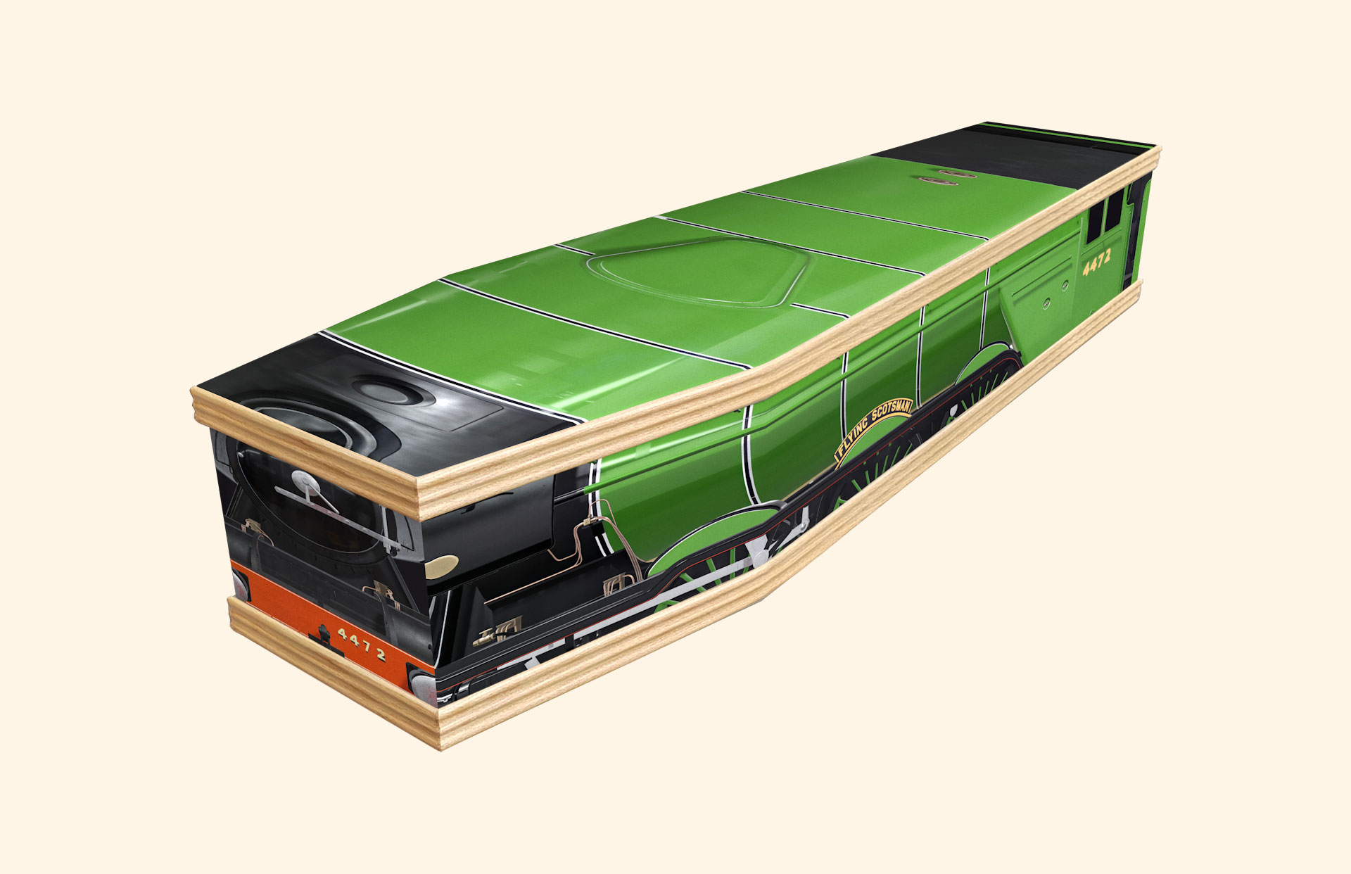 Steaming Along design on a classic coffin