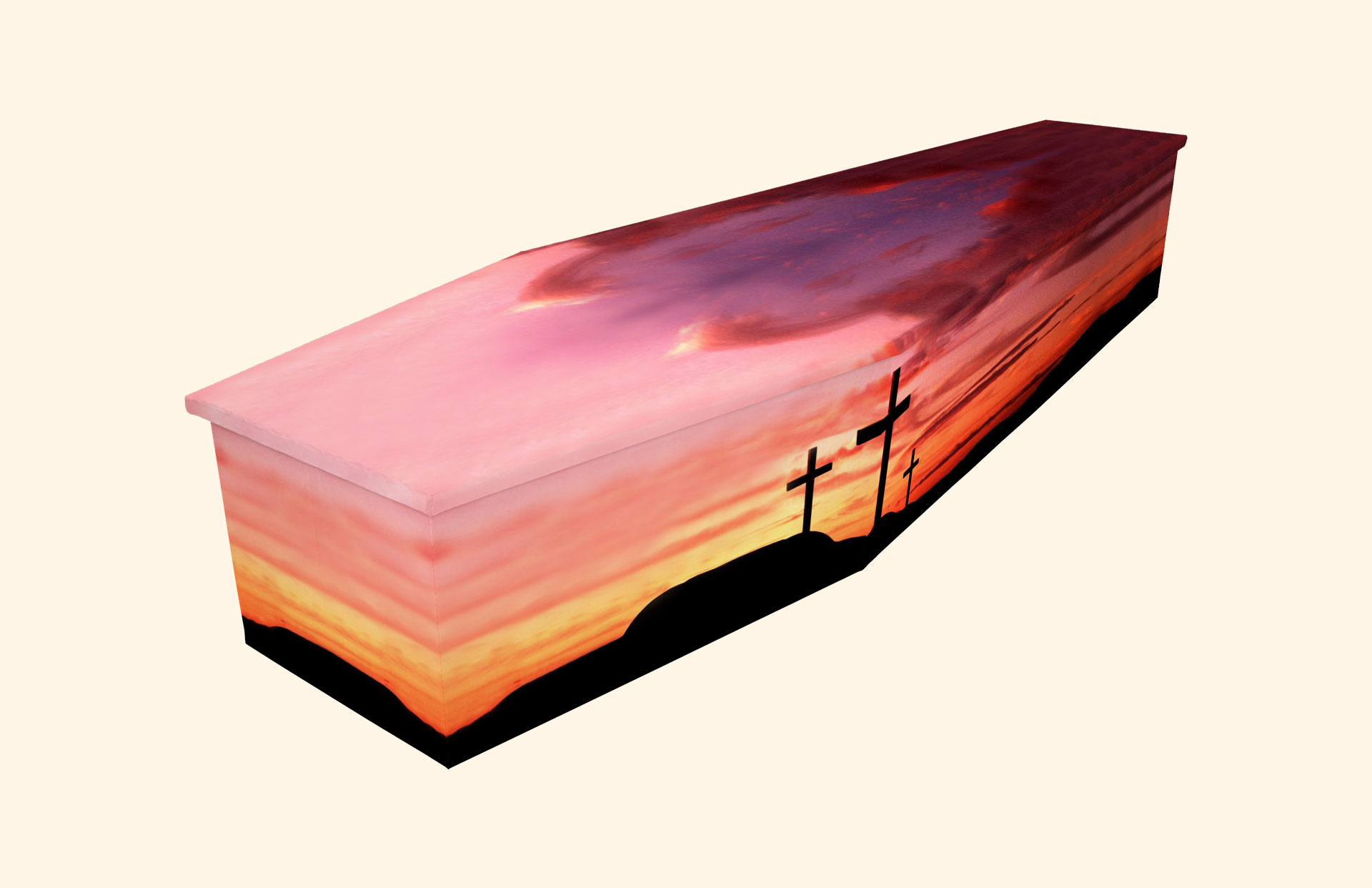 Crosses at Sunset design on a cardboard coffin
