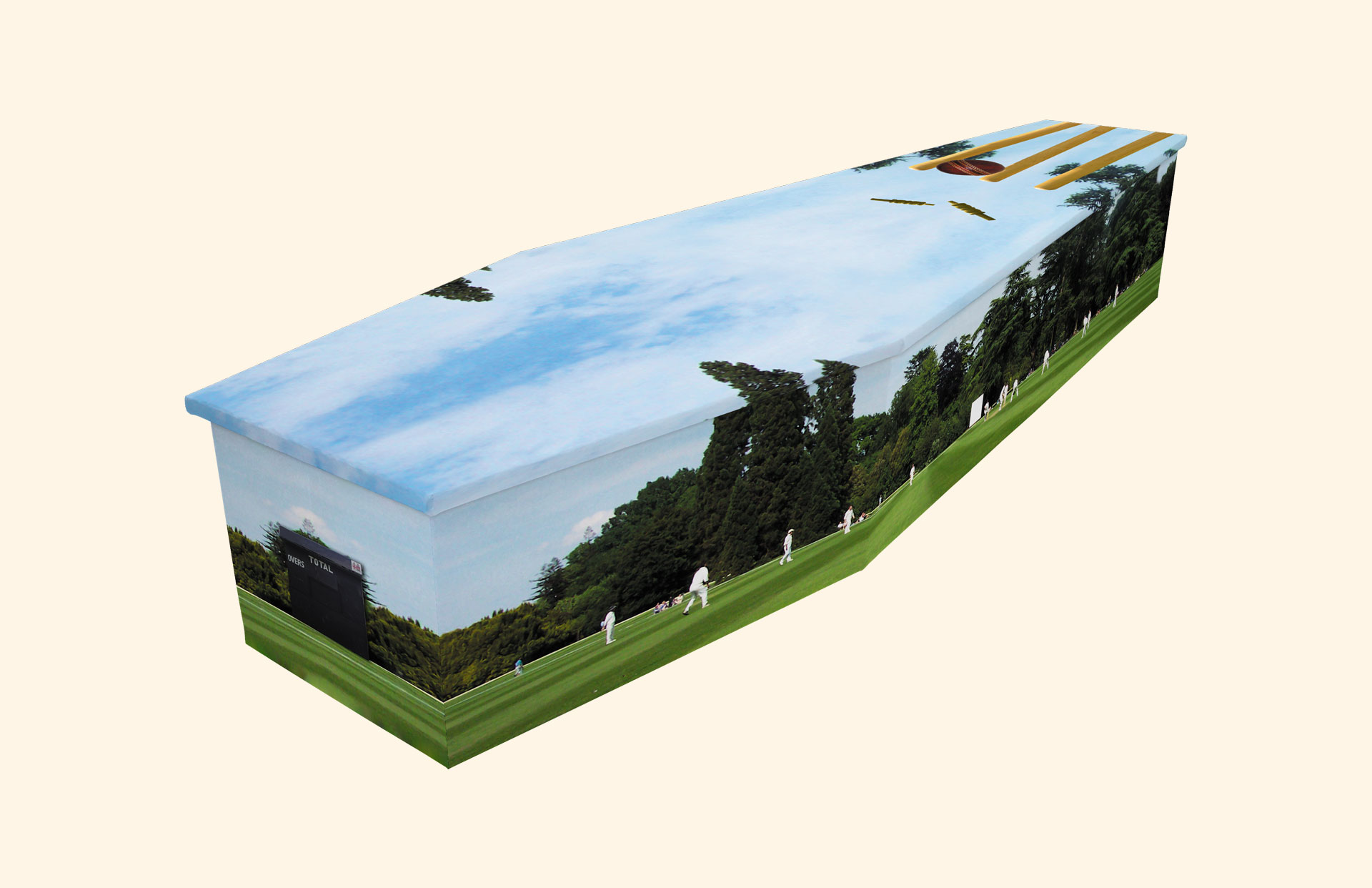Cricket design on a cardboard coffin