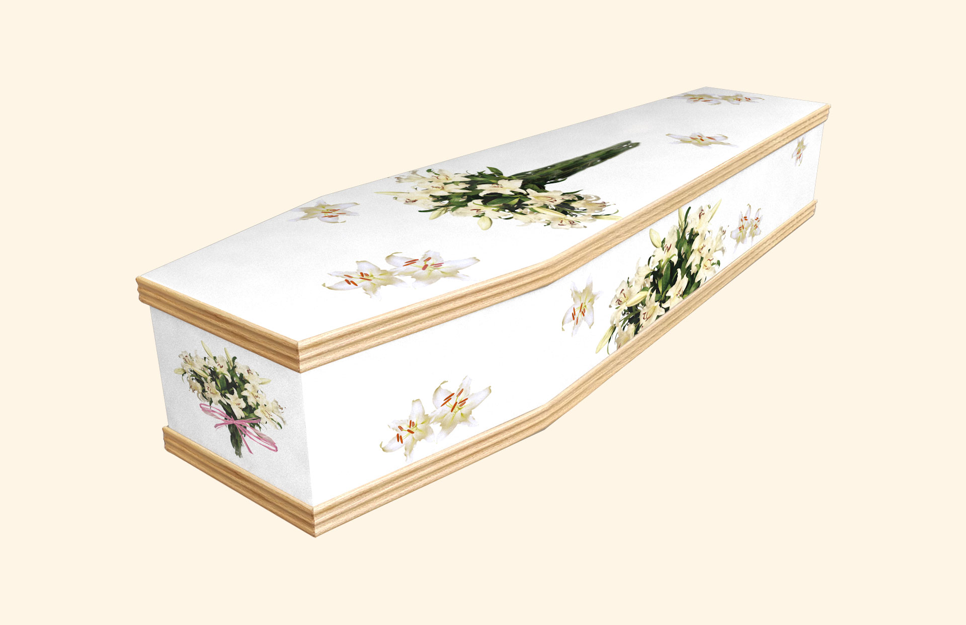 Sylvia design in white on a classic coffin