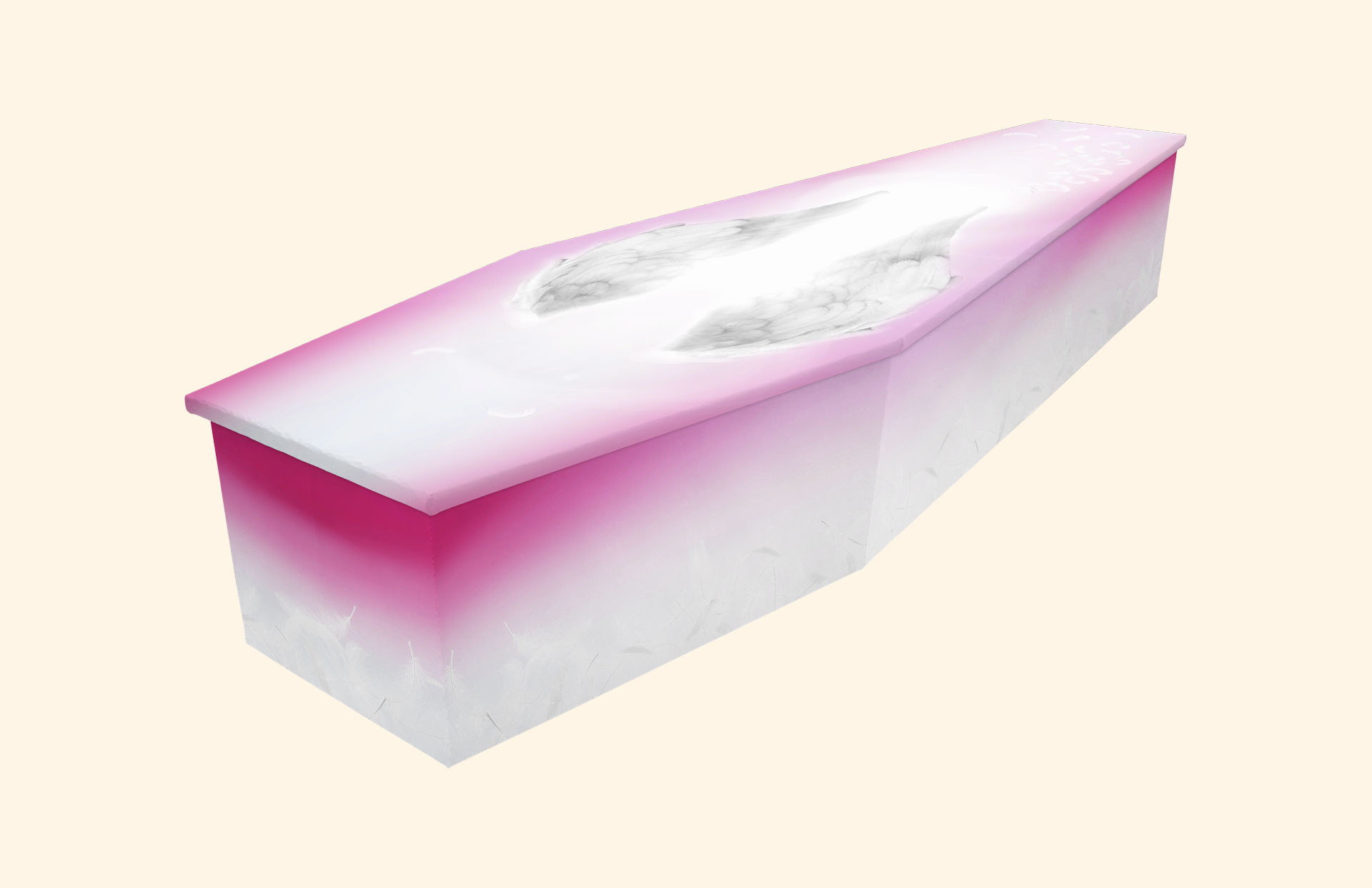 Feathered wings design in pink on a cardboard coffin