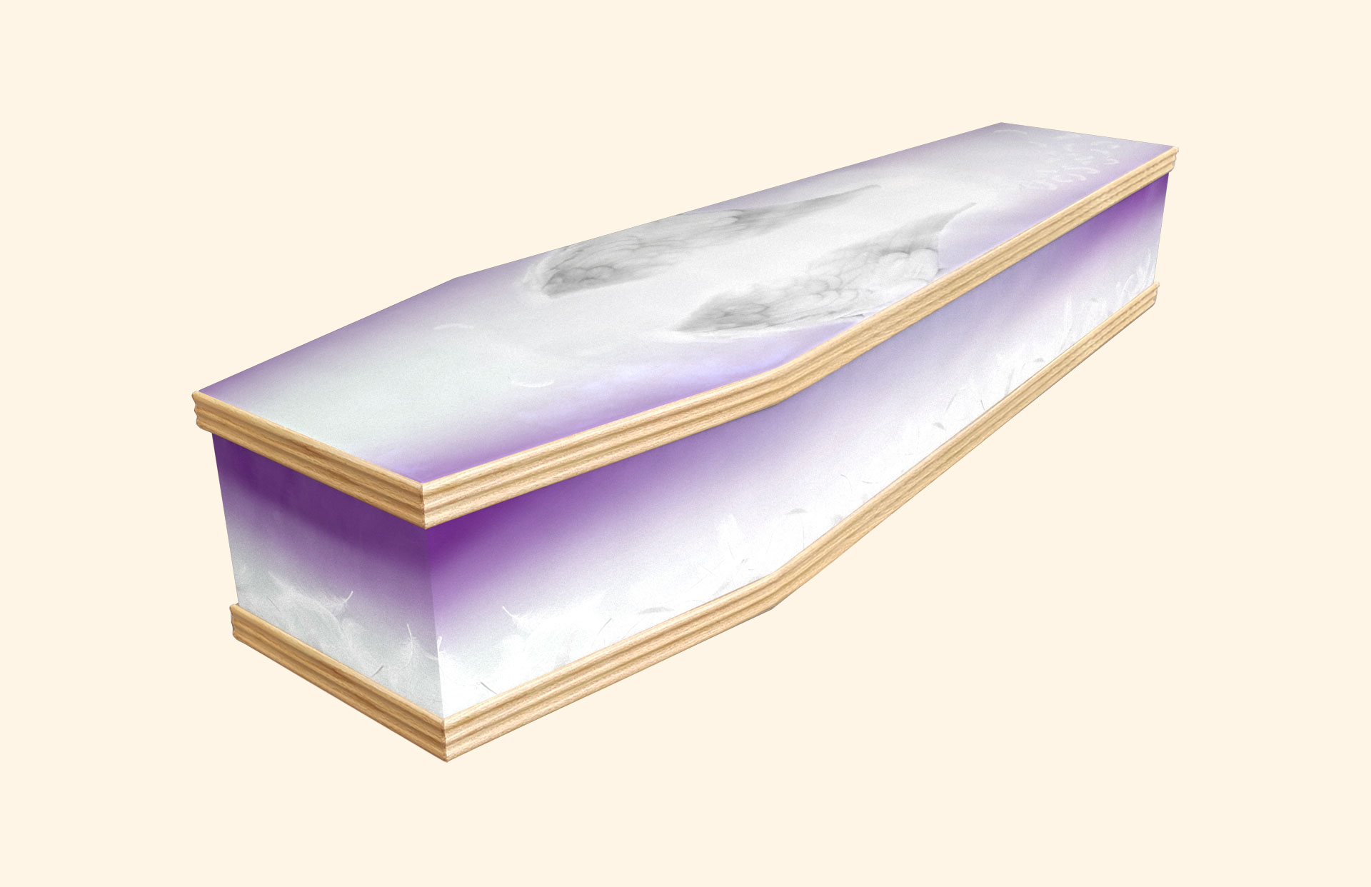 Feathered wings design in purple on a classic coffin