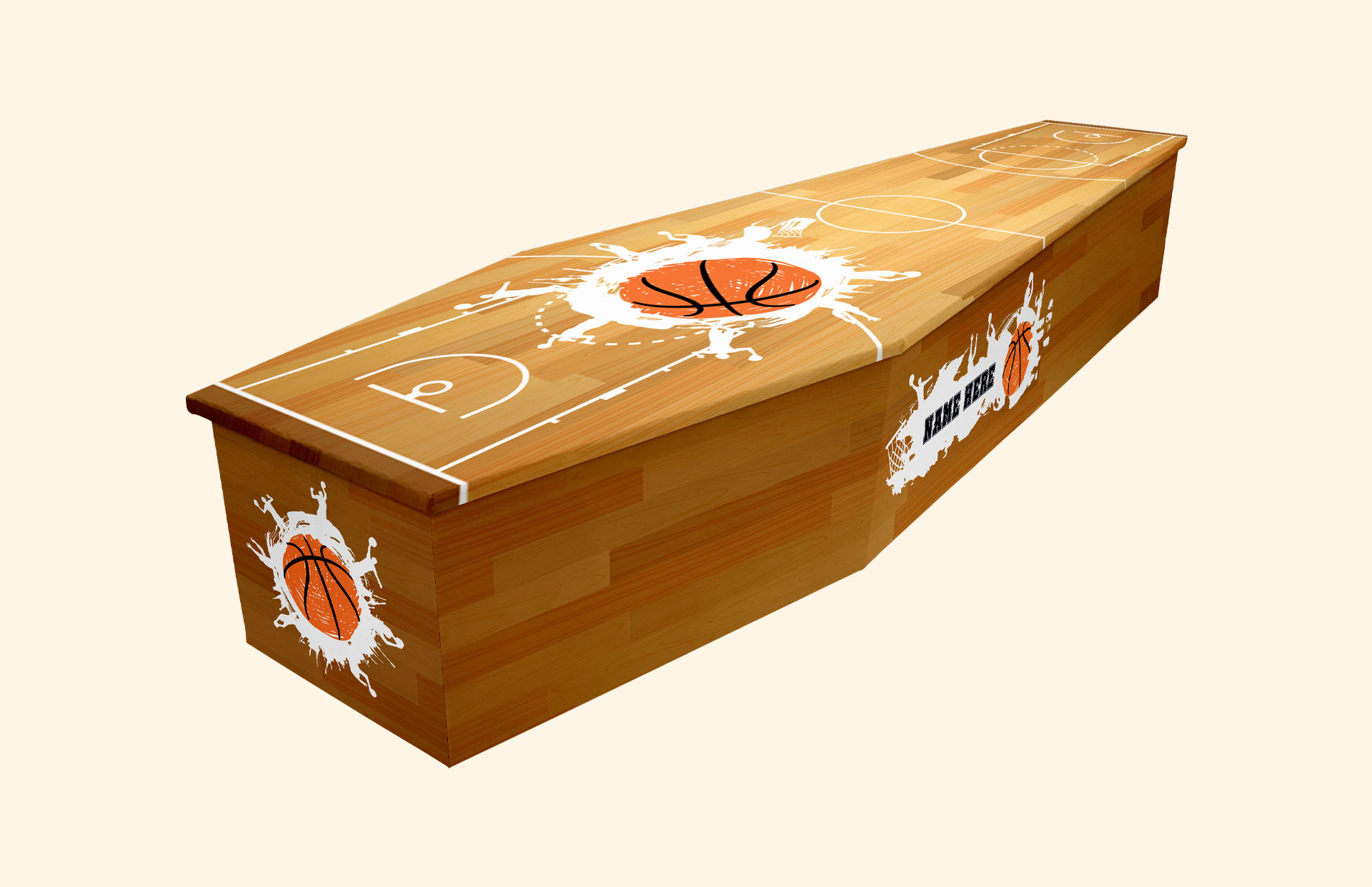 Hoops design on a cardboard coffin