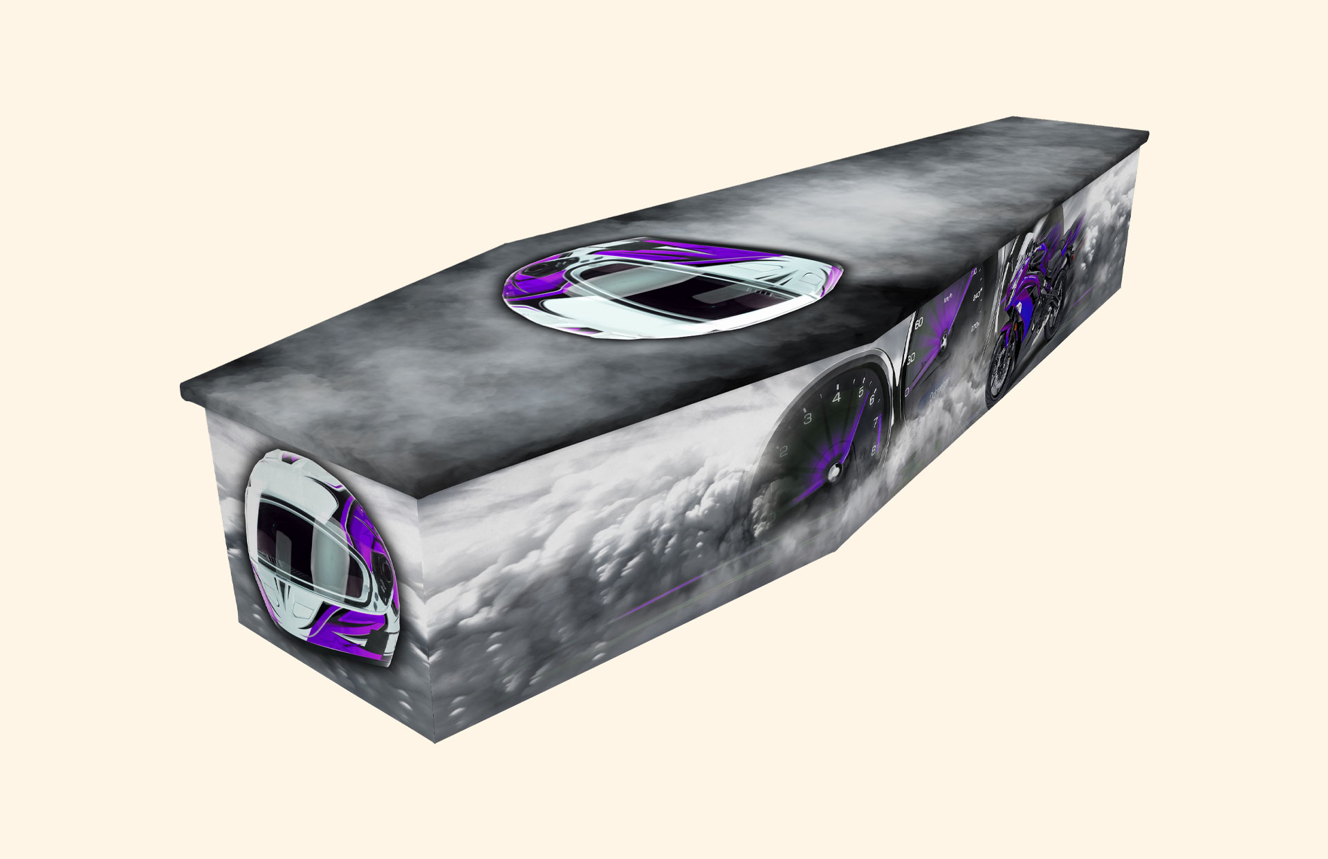 Neon Speed purple design on a cardboard coffin