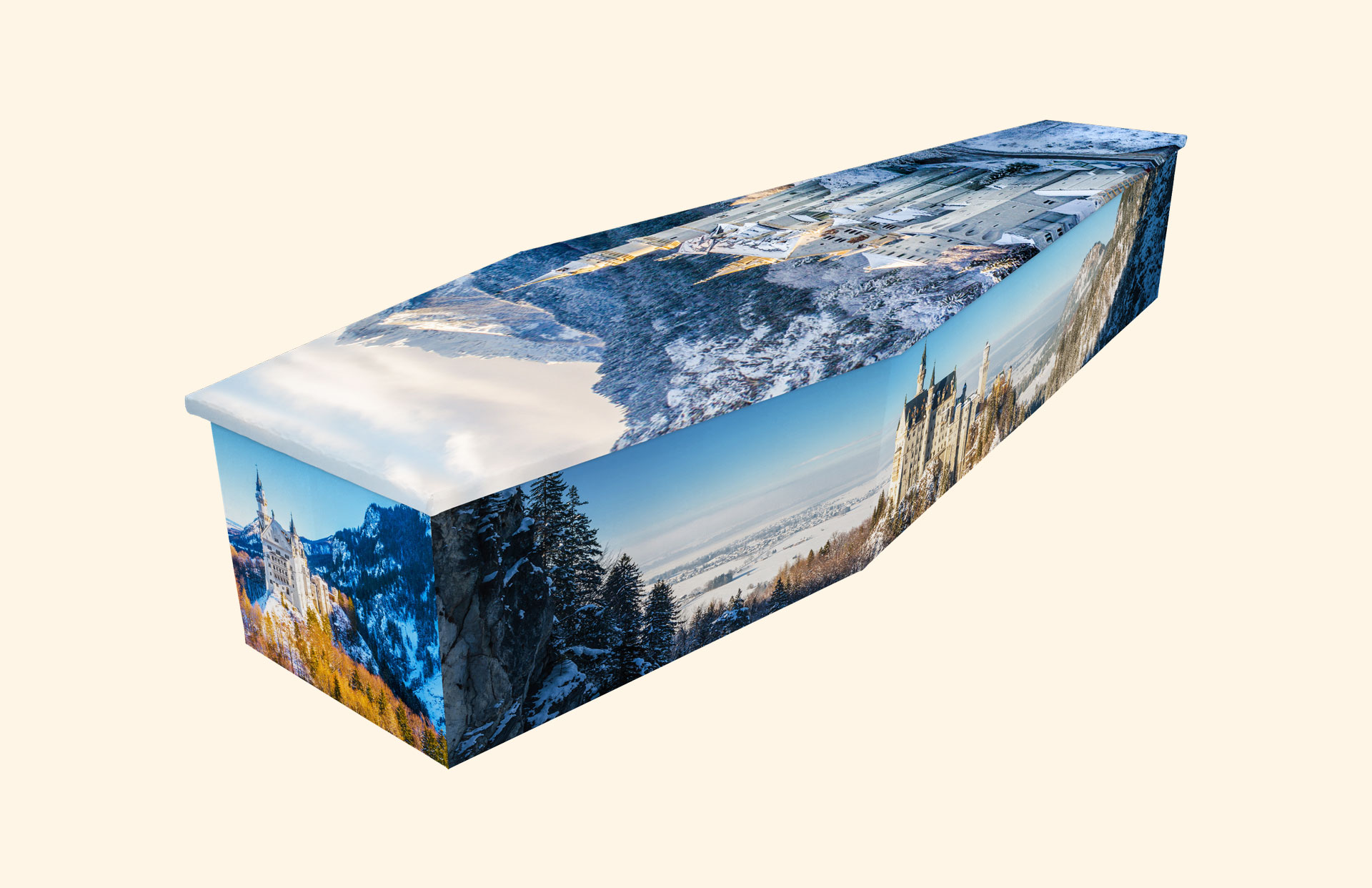 Neuschwanstein Castle design on a cardboard coffin