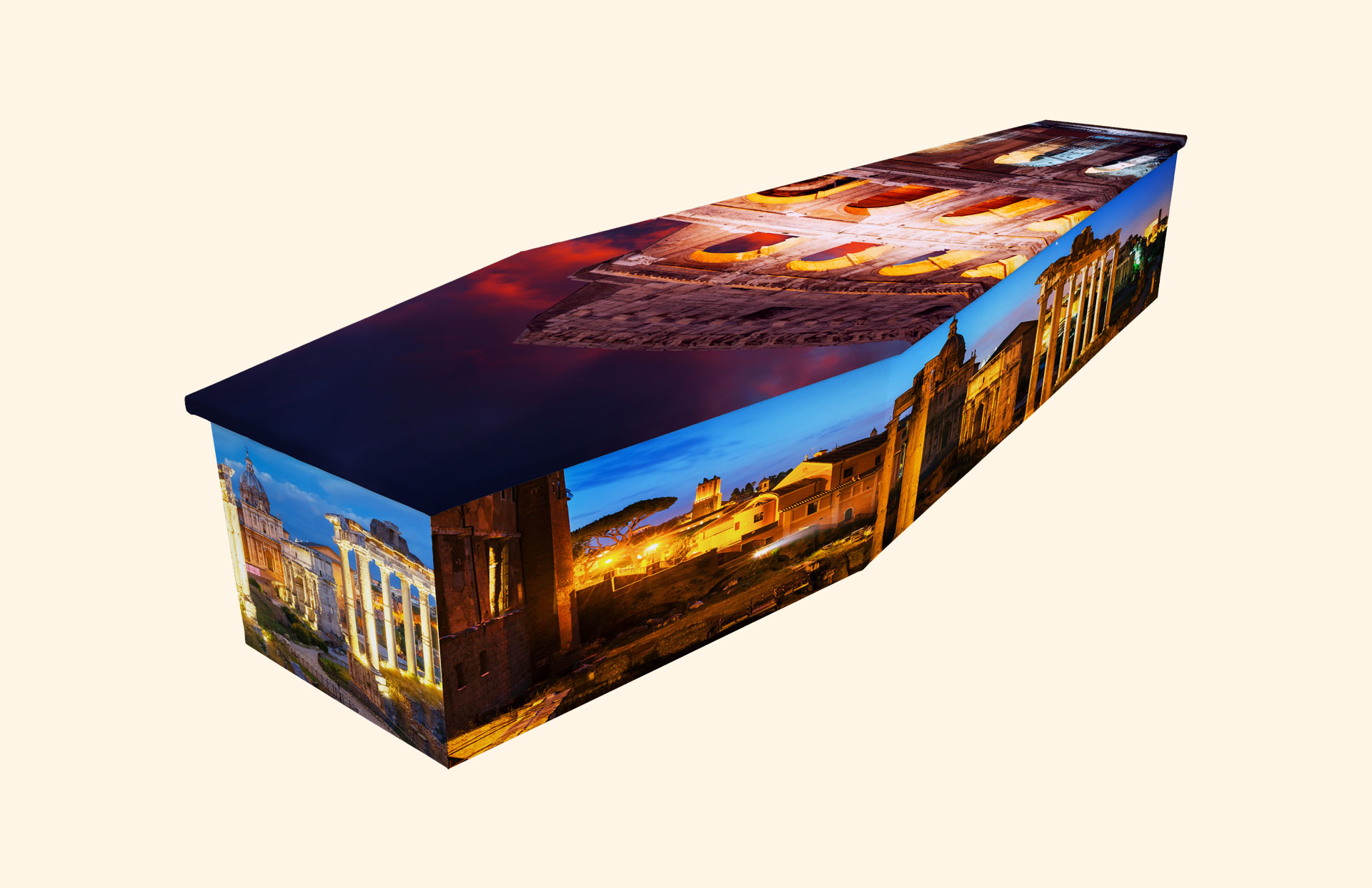 Roman Forum & Colosseum design on a cardboard coffin