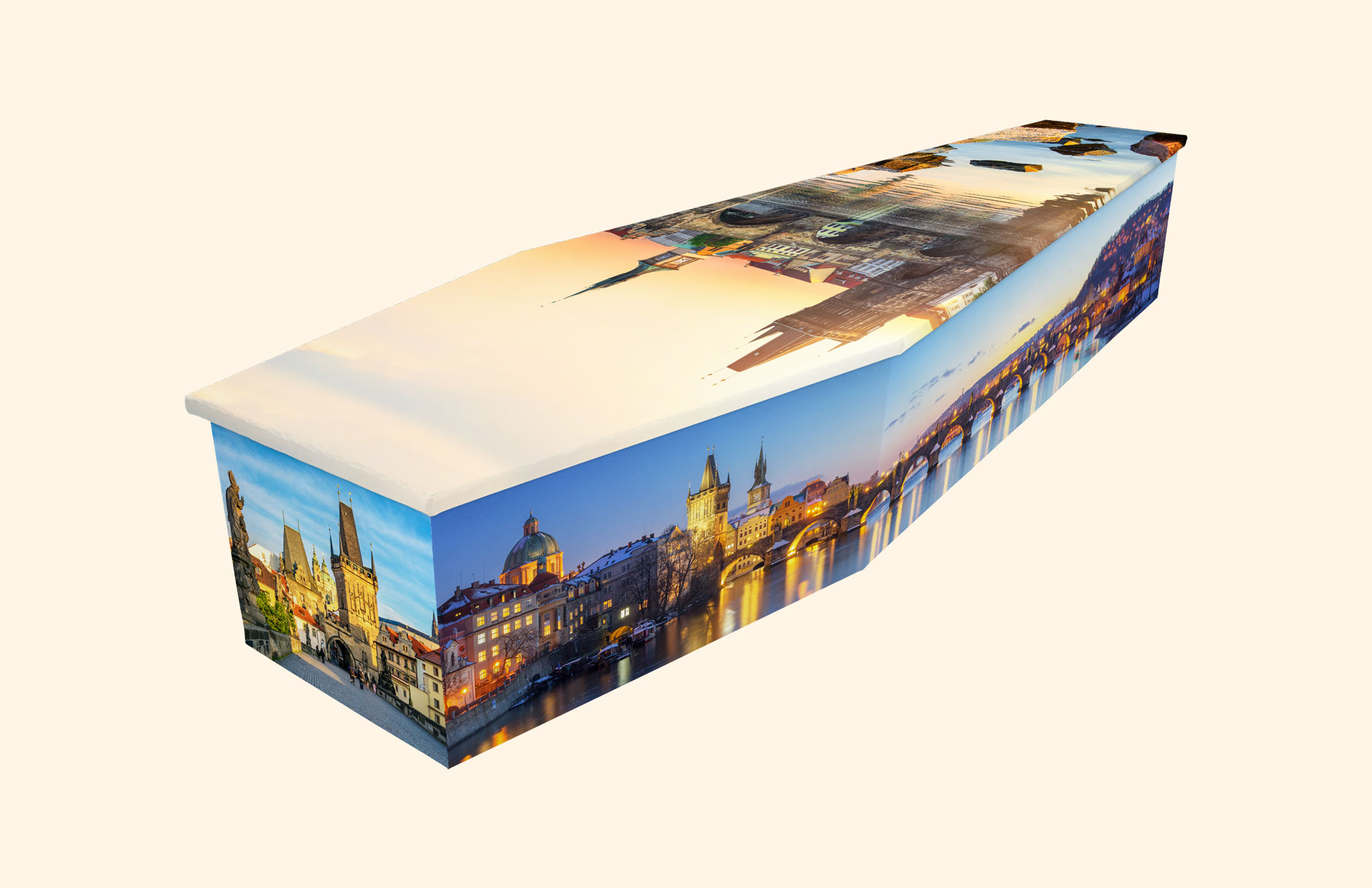Charles Bridge design on a cardboard coffin
