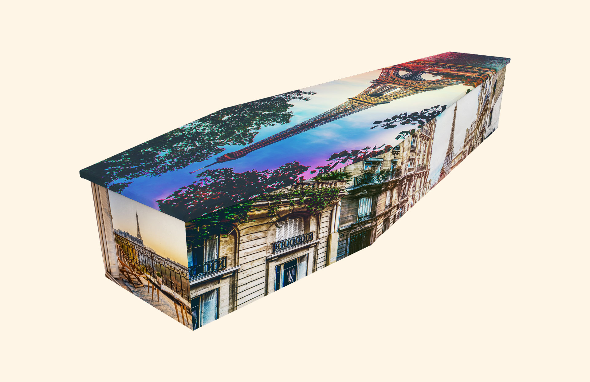 Eiffel Tower design on a cardboard coffin