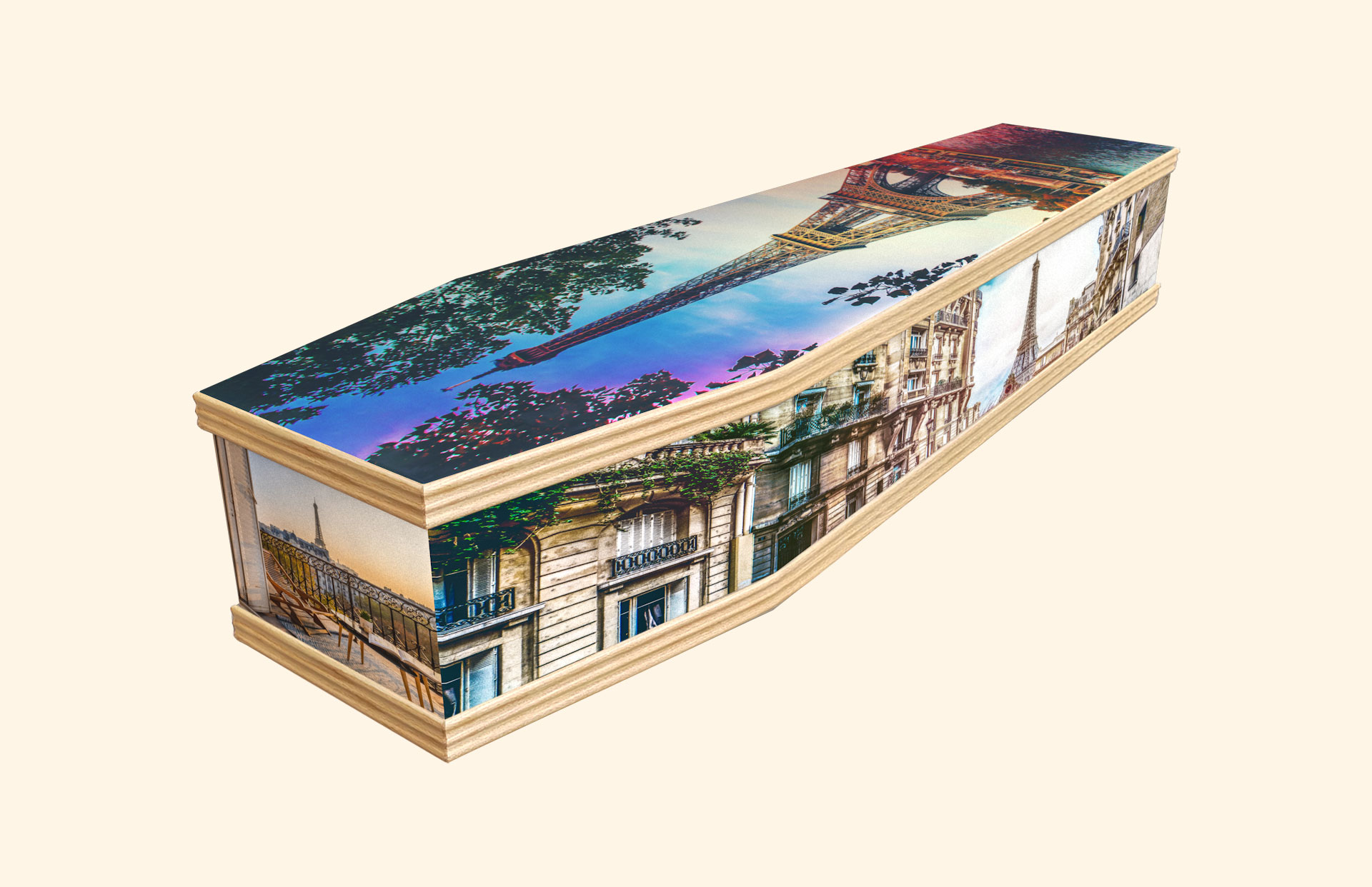 Eiffel Tower design on a classic coffin