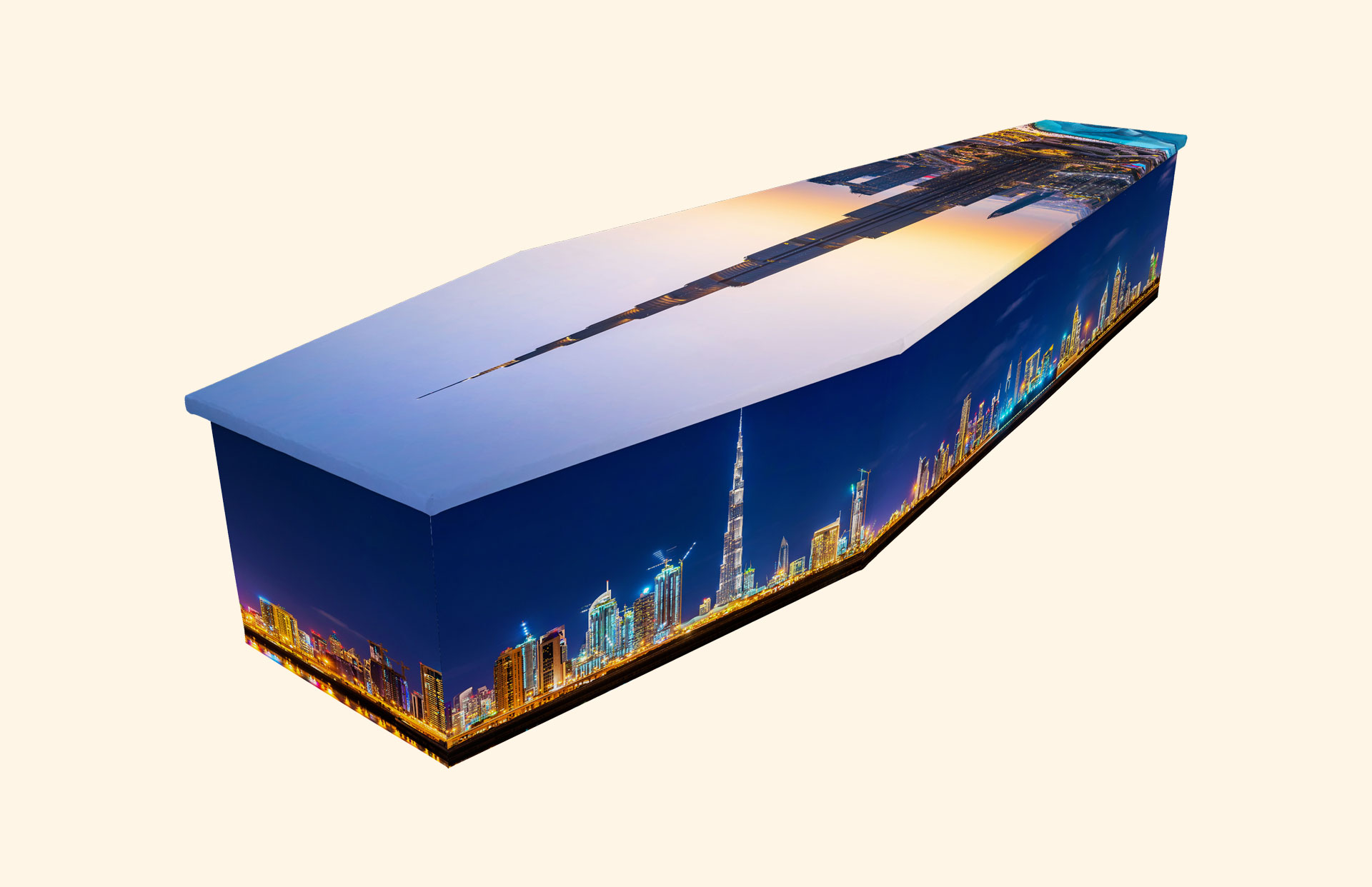 Burj Kahlifa design on a cardboard coffin