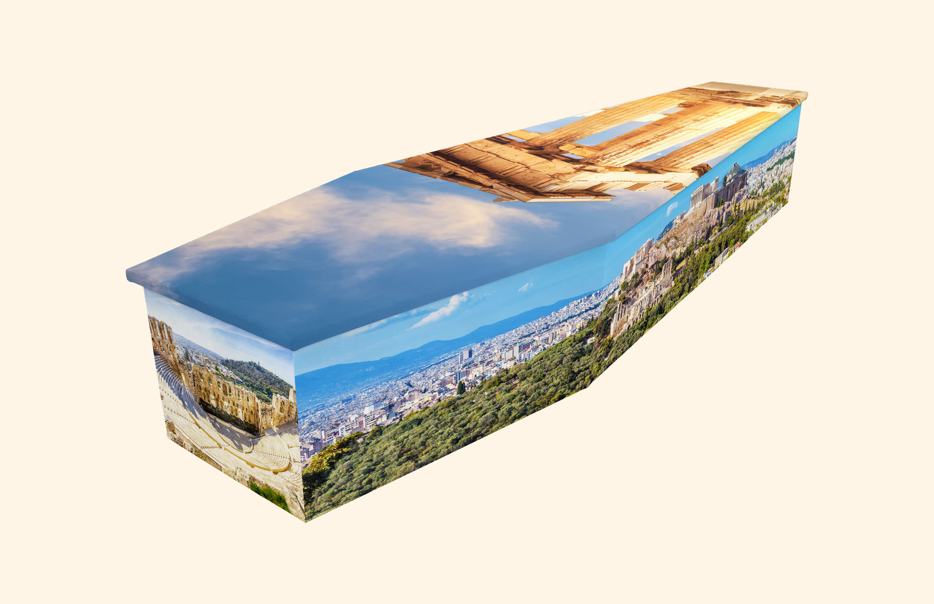 The Acropolis design on a cardboard coffin