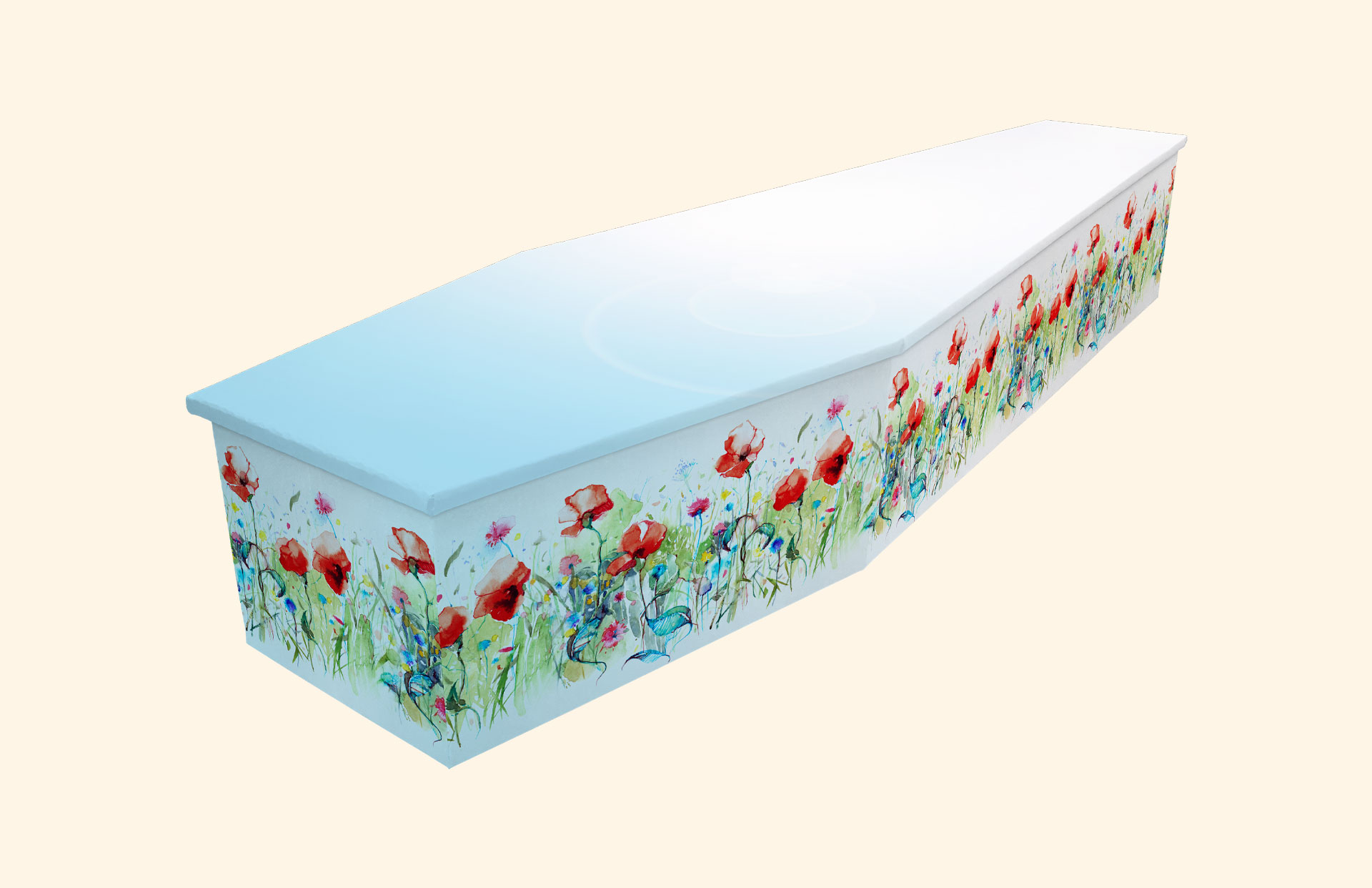 Watercolour Poppies in blue on a cardboard coffin