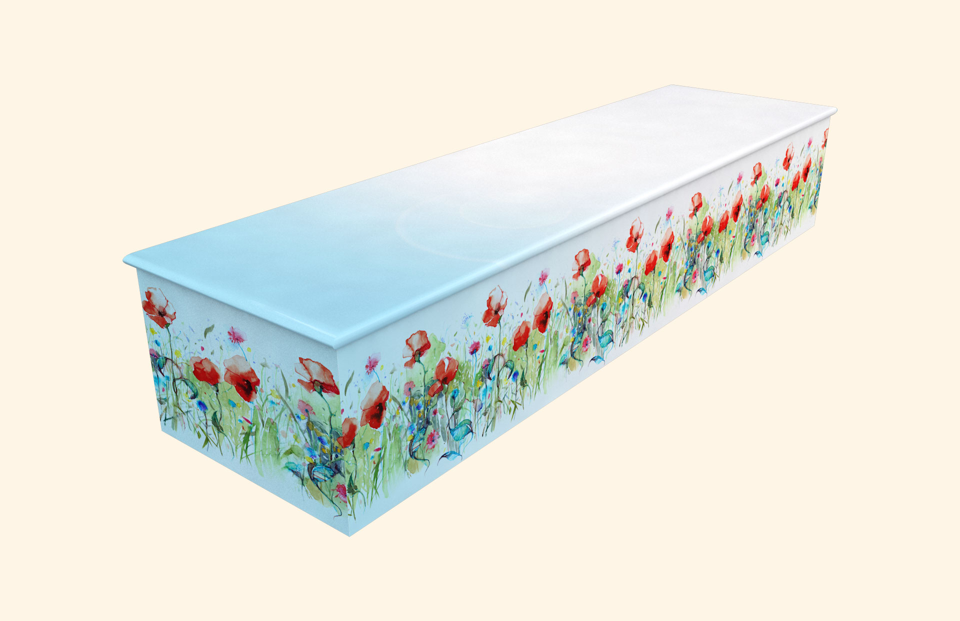 Watercolour Poppies in blue on a wooden casket