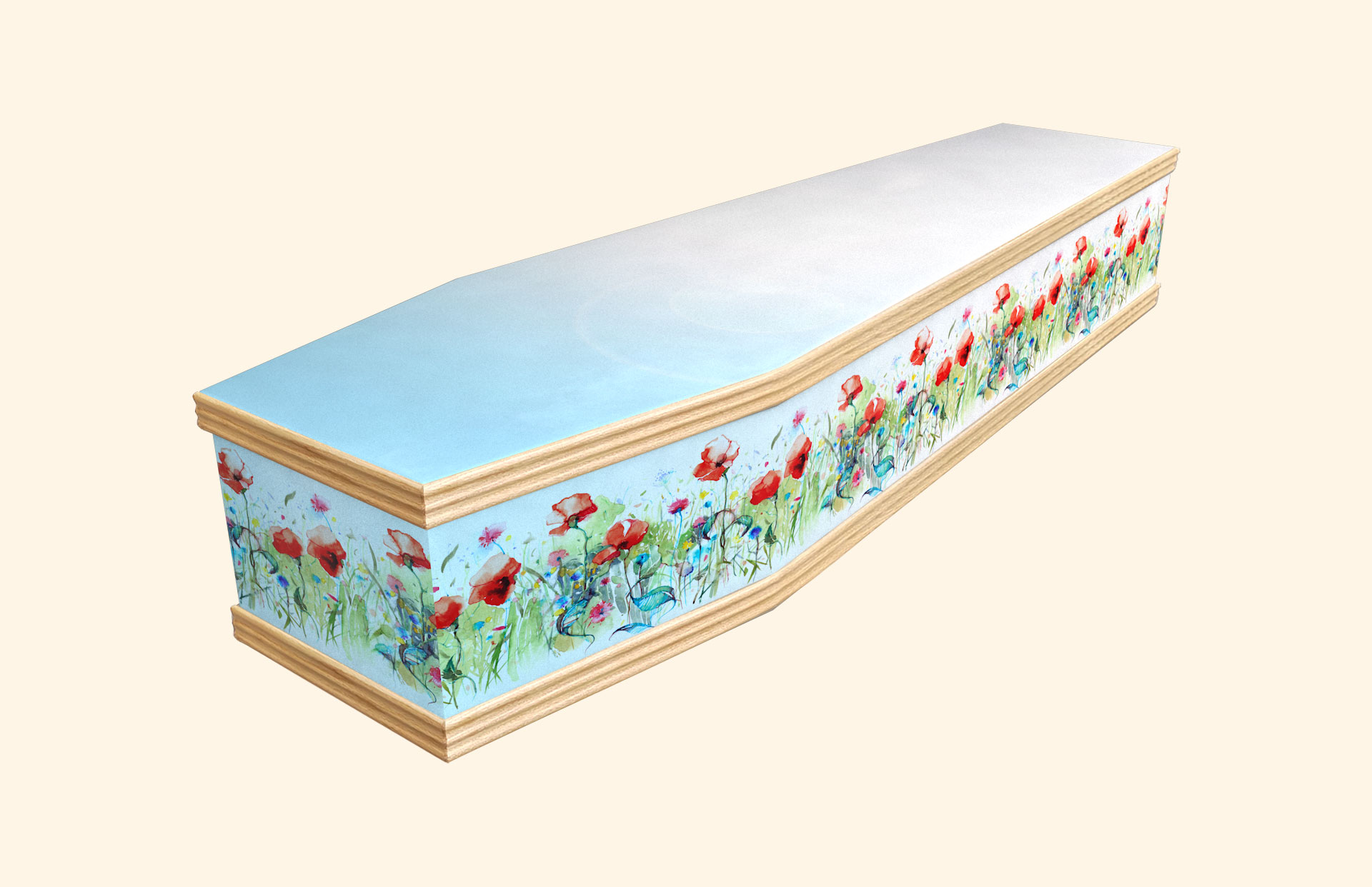 Watercolour Poppies in blue on a classic coffin
