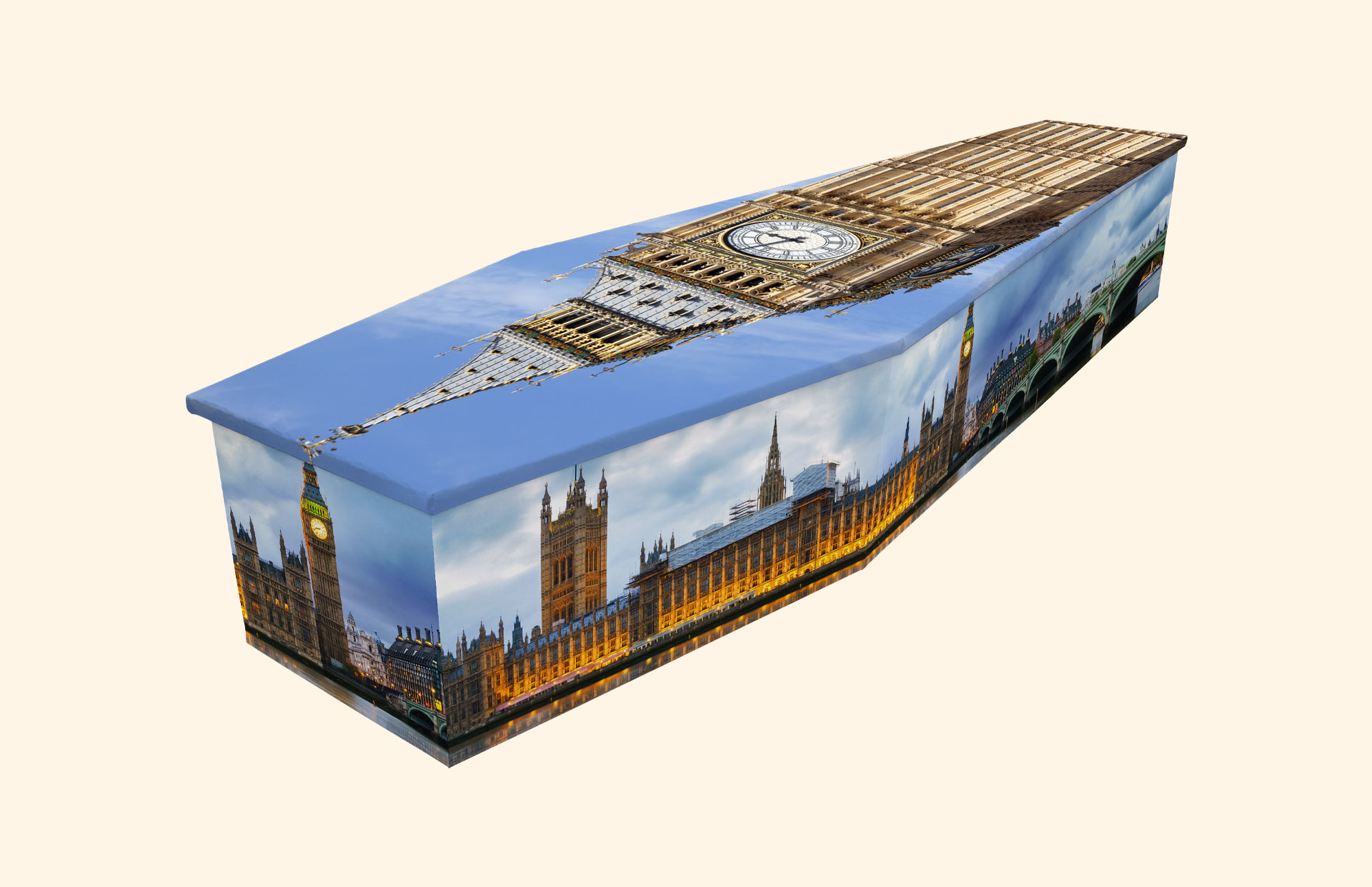 The London Scene design on a cardboard coffin