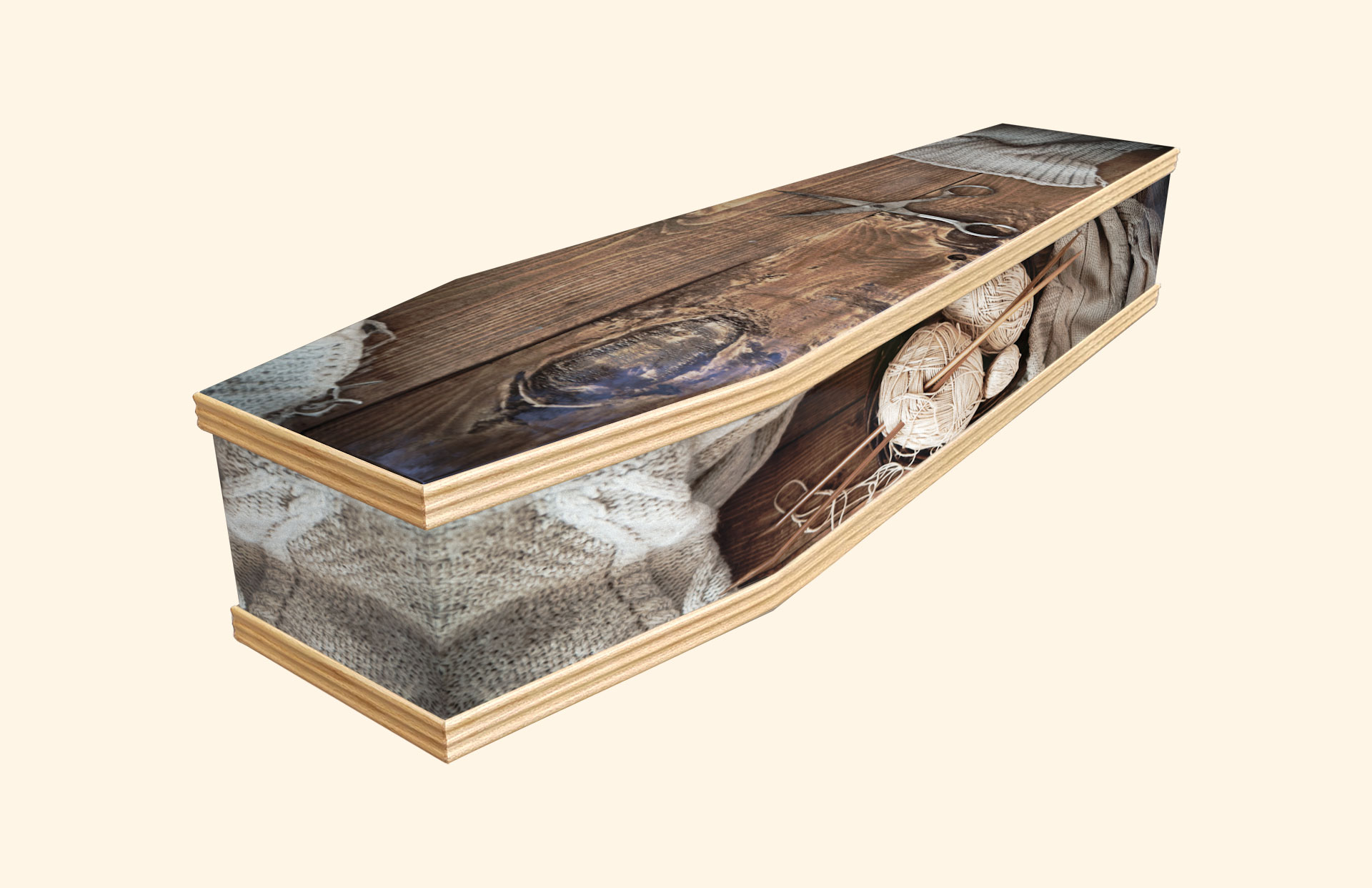 Love to Knit design on a classic coffin