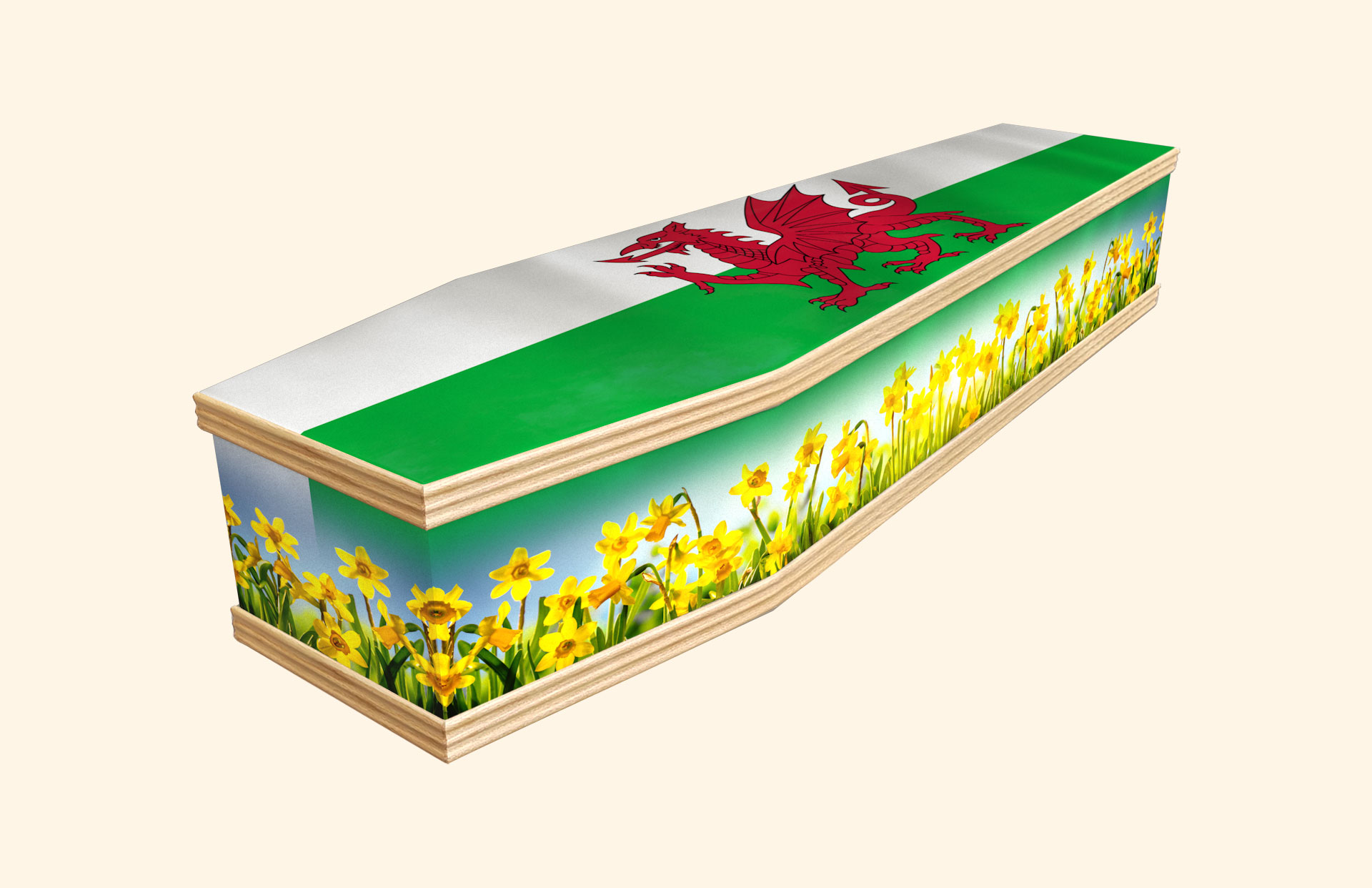 Cymru Am Byth design on a classic coffin