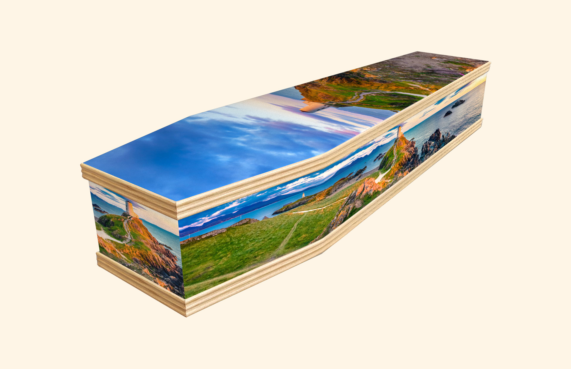 Ynys Llanddwyn design on a classic coffin