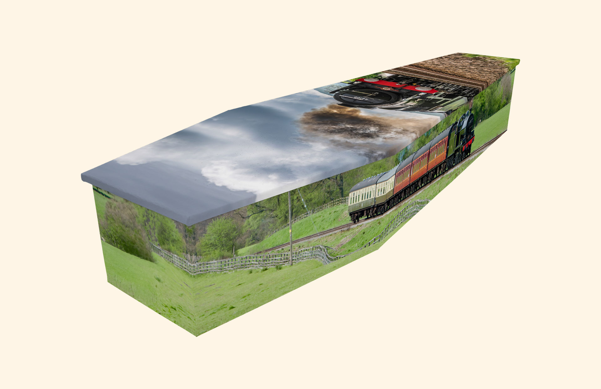 Next Stop design on a cardboard coffin