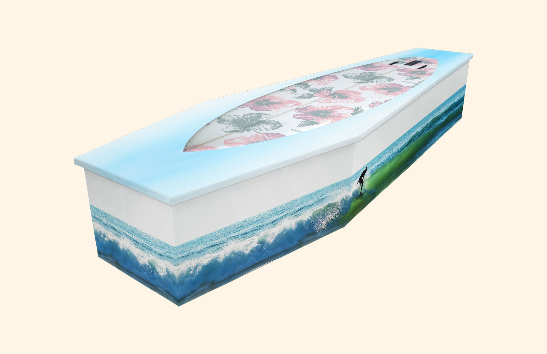 Pearson's Wave design on a cardboard coffin