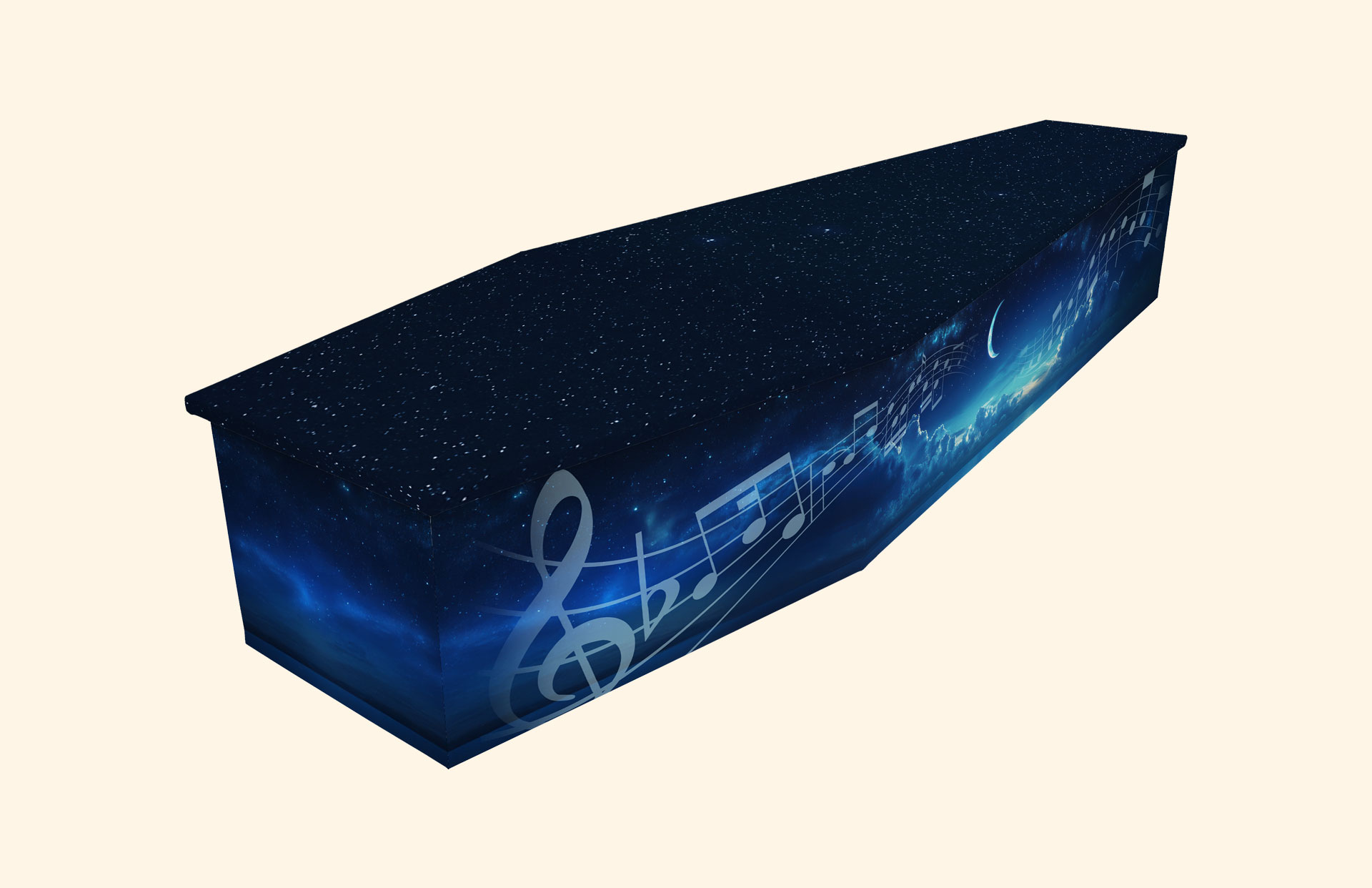 Moonlight Music design on a cardboard coffin