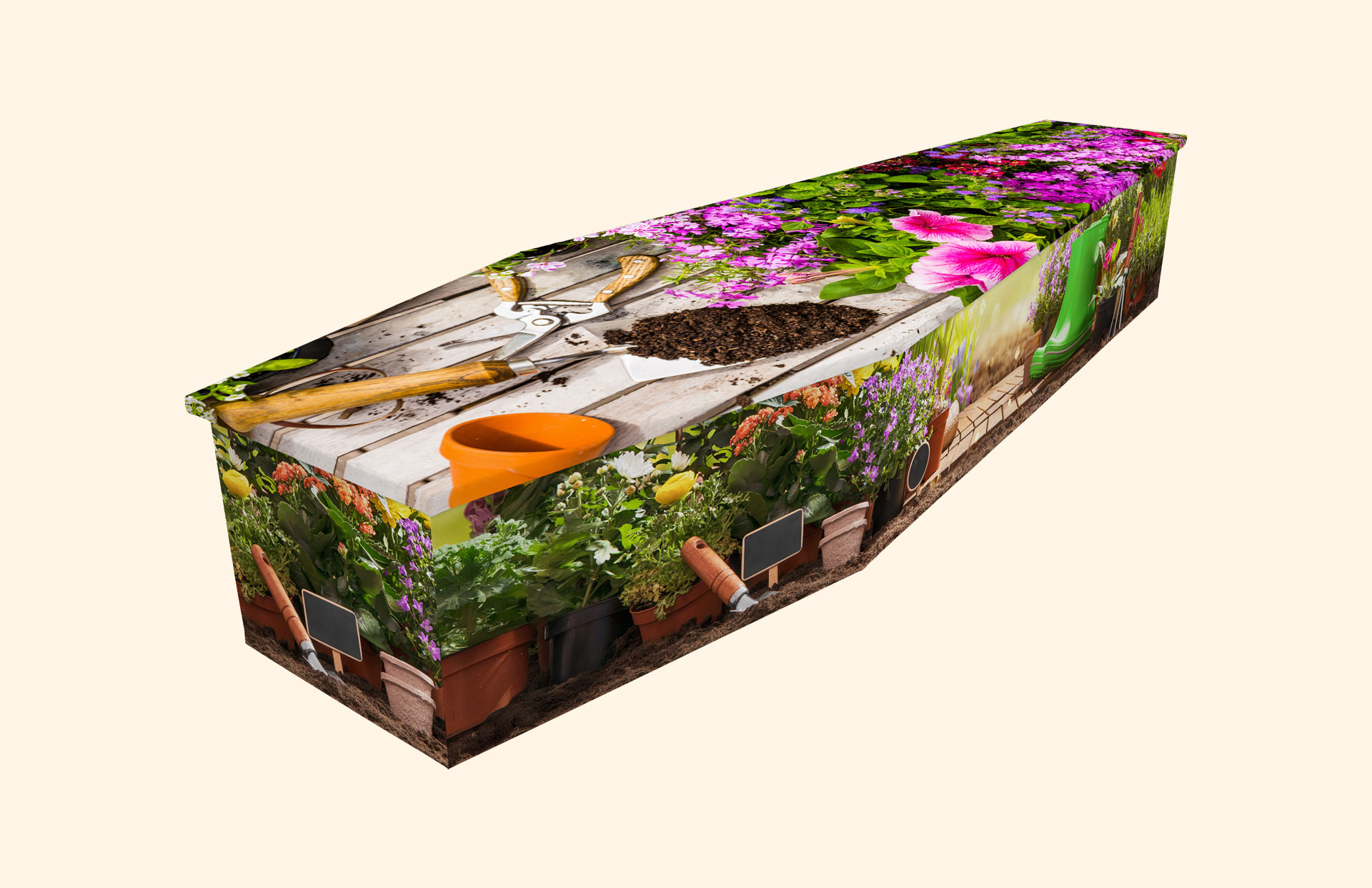 Pottering design on a cardboard coffin