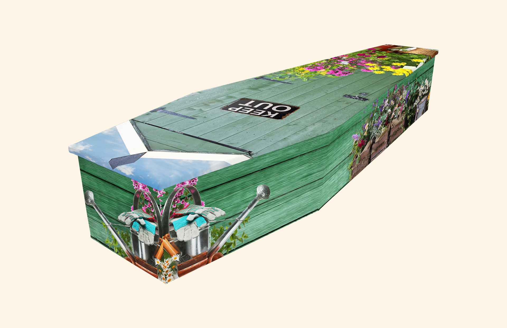 Out of Bounds design on a cardboard coffin