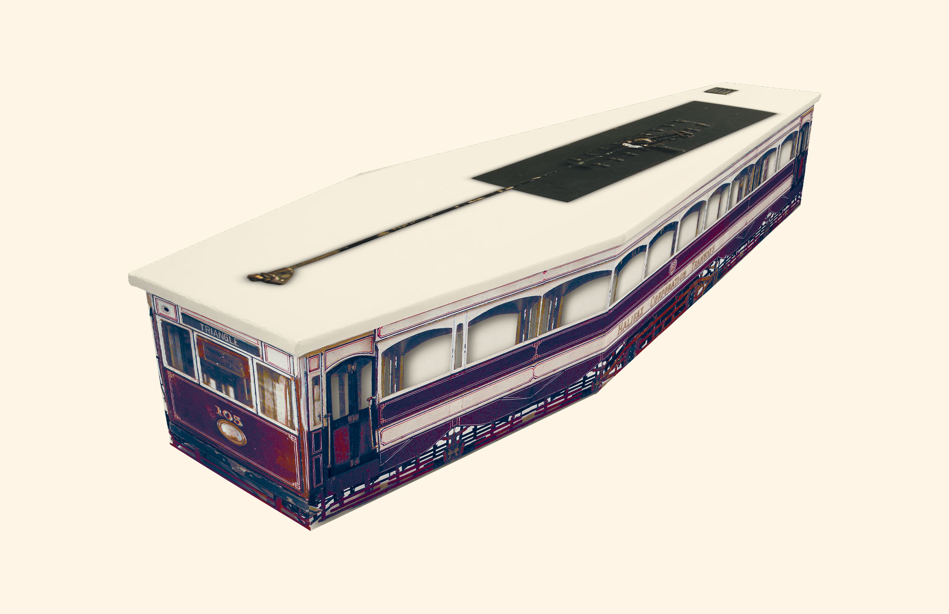 Eric's Tram design on a cardboard coffin