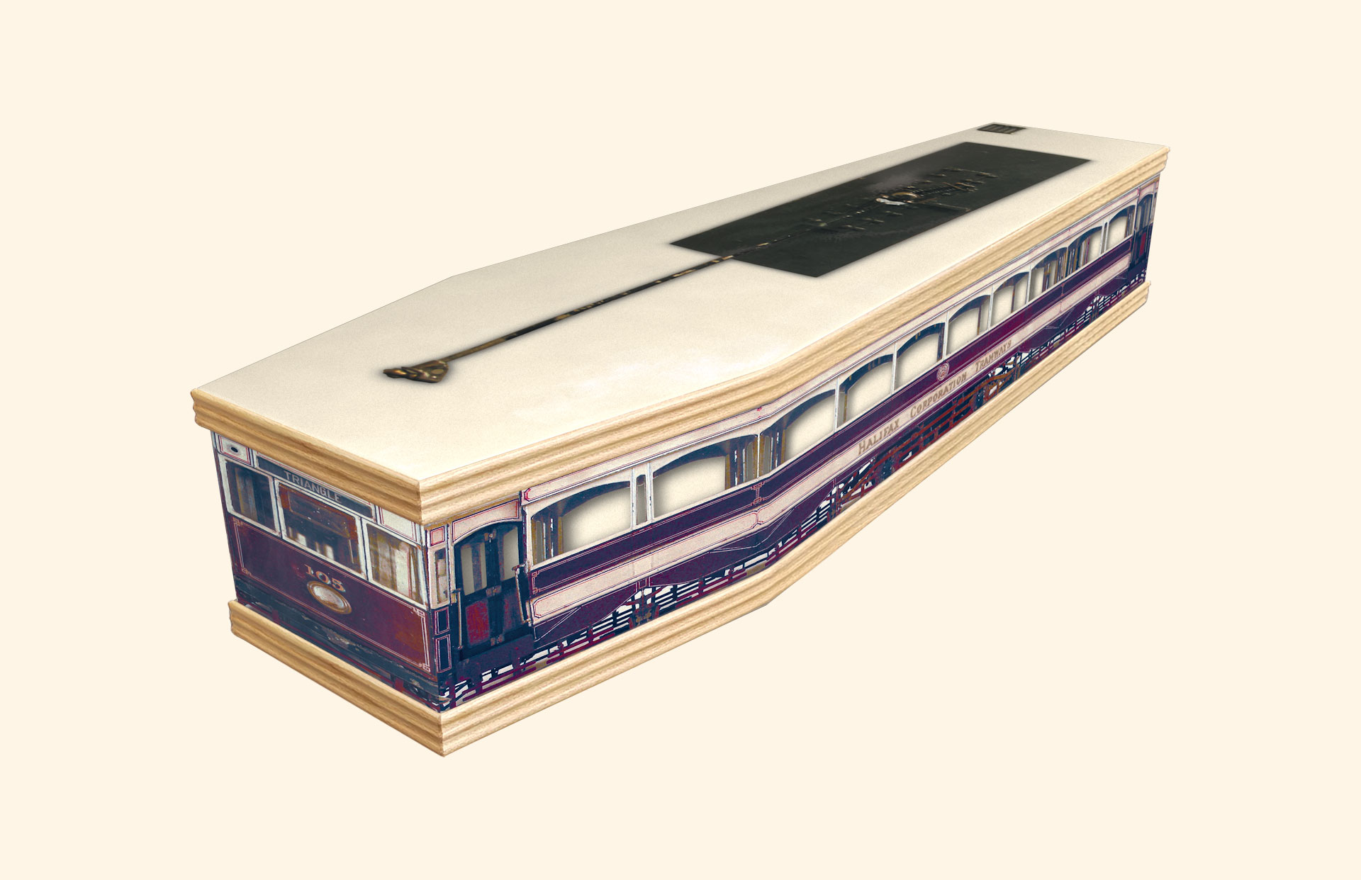 Eric's Tram design on a classic coffin