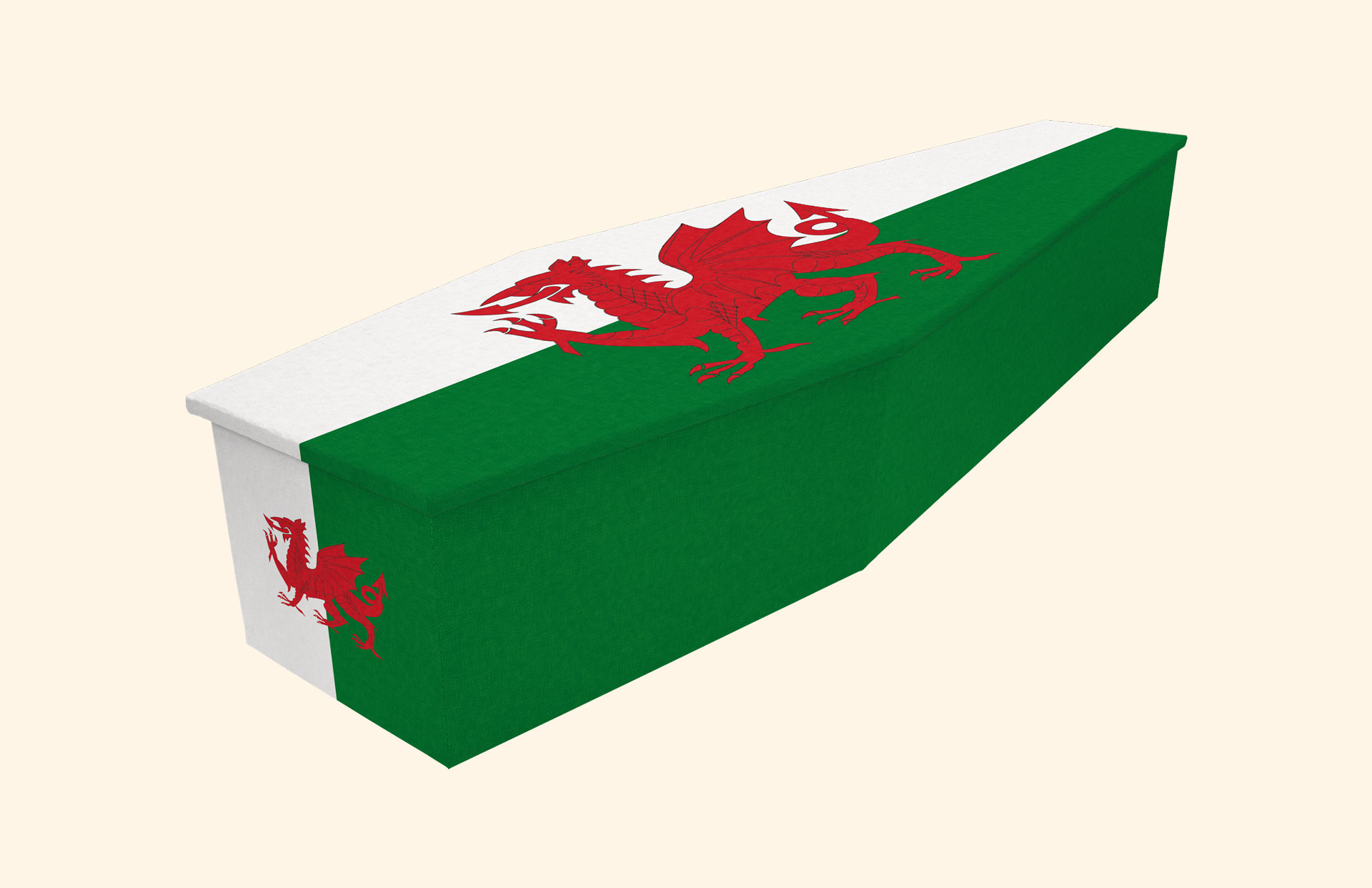 Welsh Flag design on a cardboard coffin