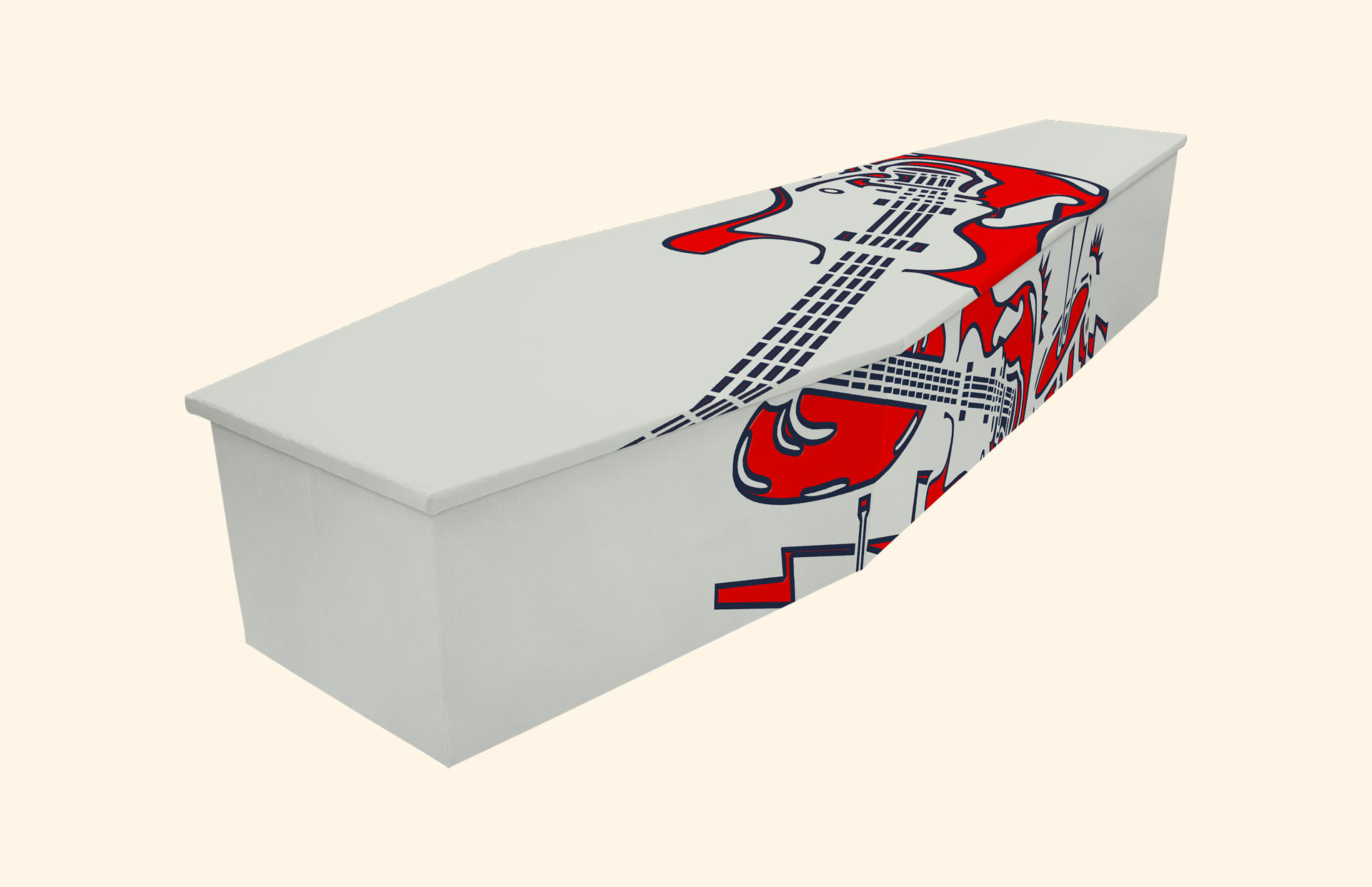Rock n Roll Red design on a cardboard coffin