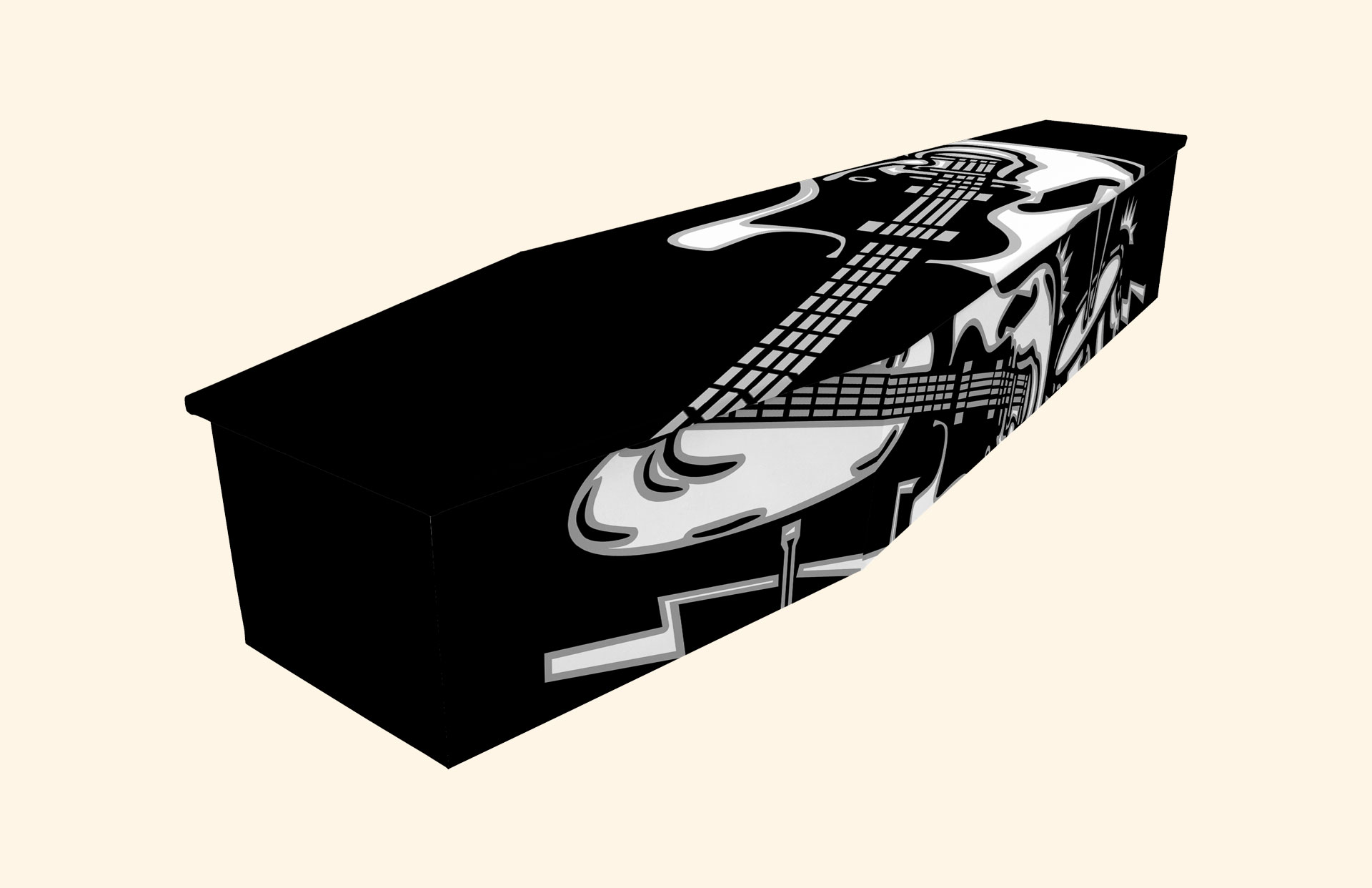 Rock N Roll White on Black design on a cardboard coffin