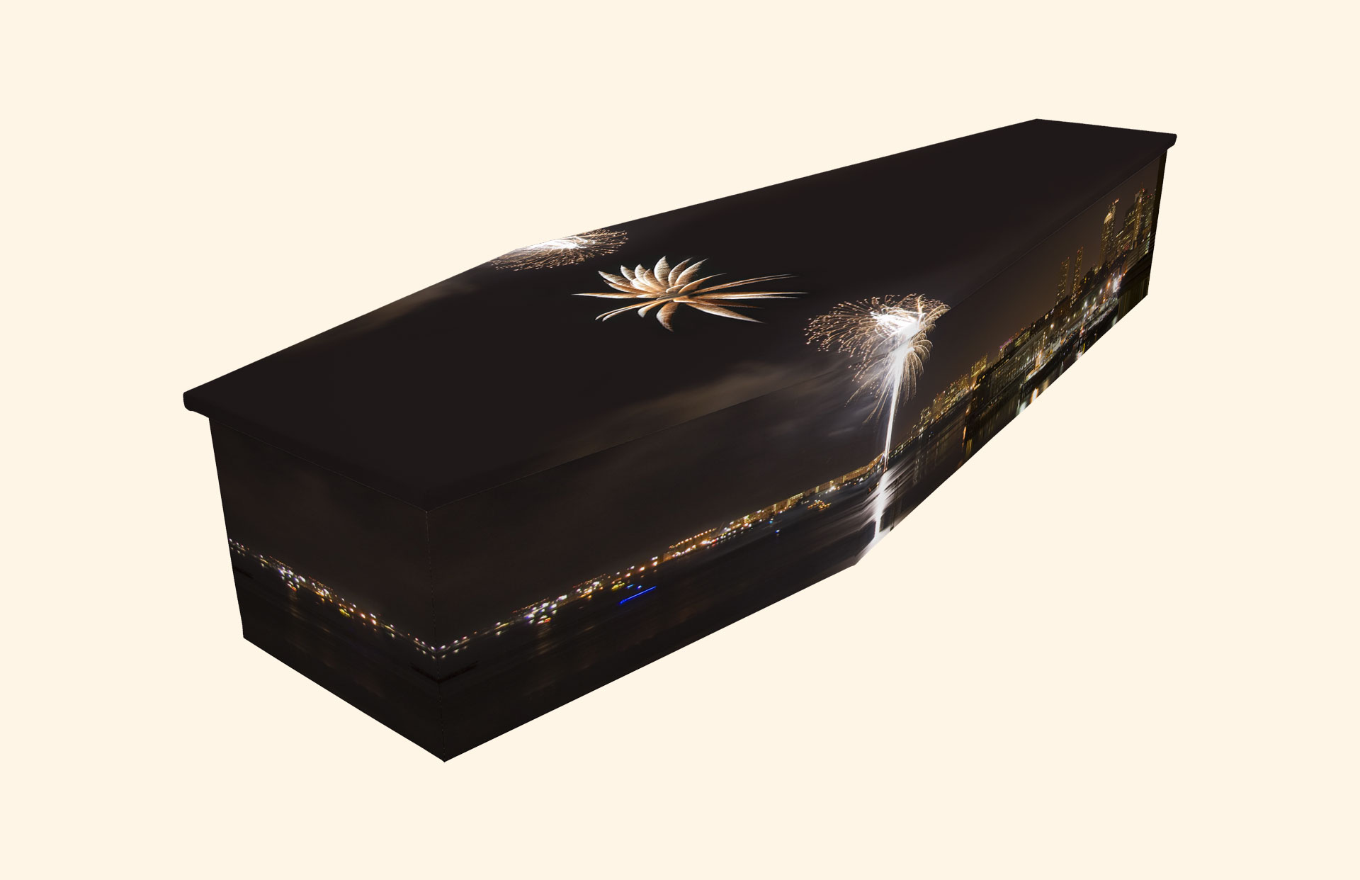 Fireworks design on a cardboard coffin