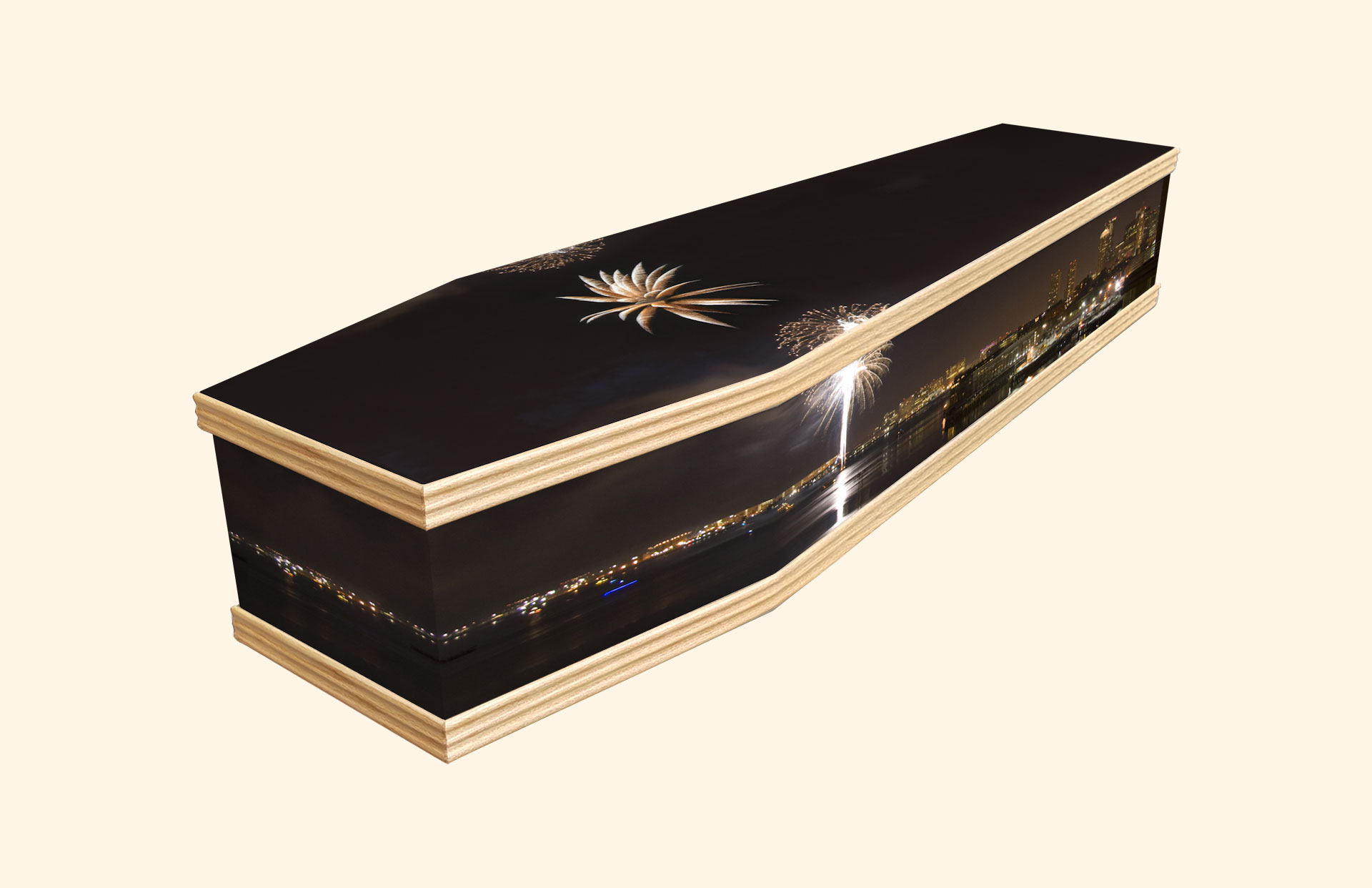 Fireworks design on a classic coffin