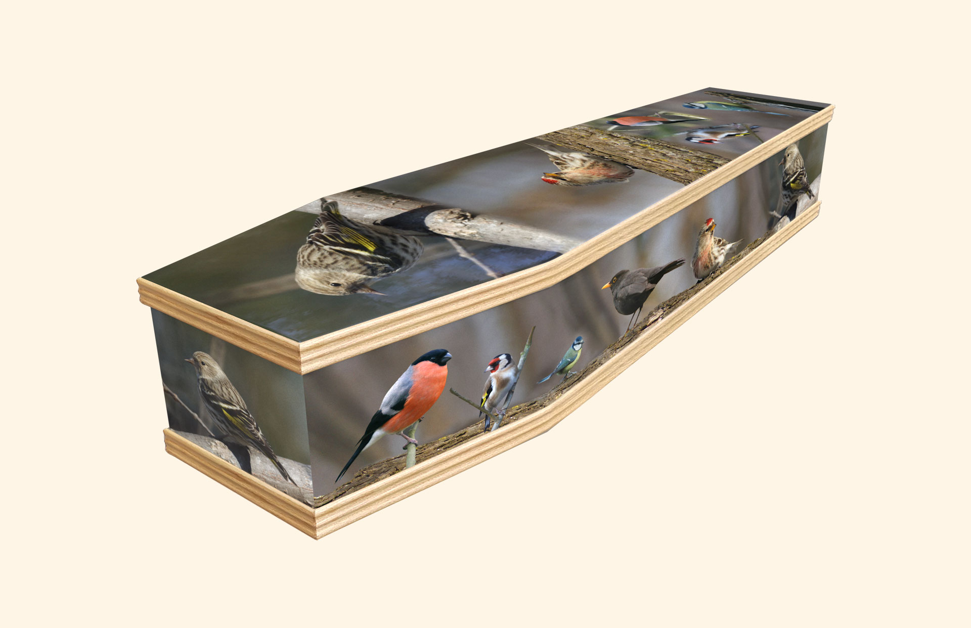 British Birds design on a classic coffin