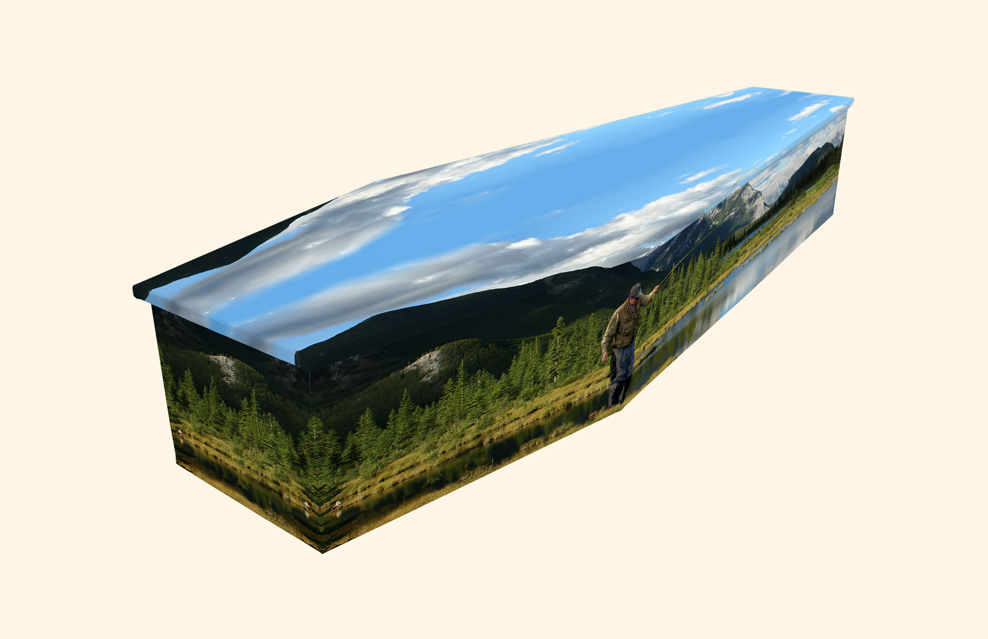Fly Fishing design on a cardboard coffin