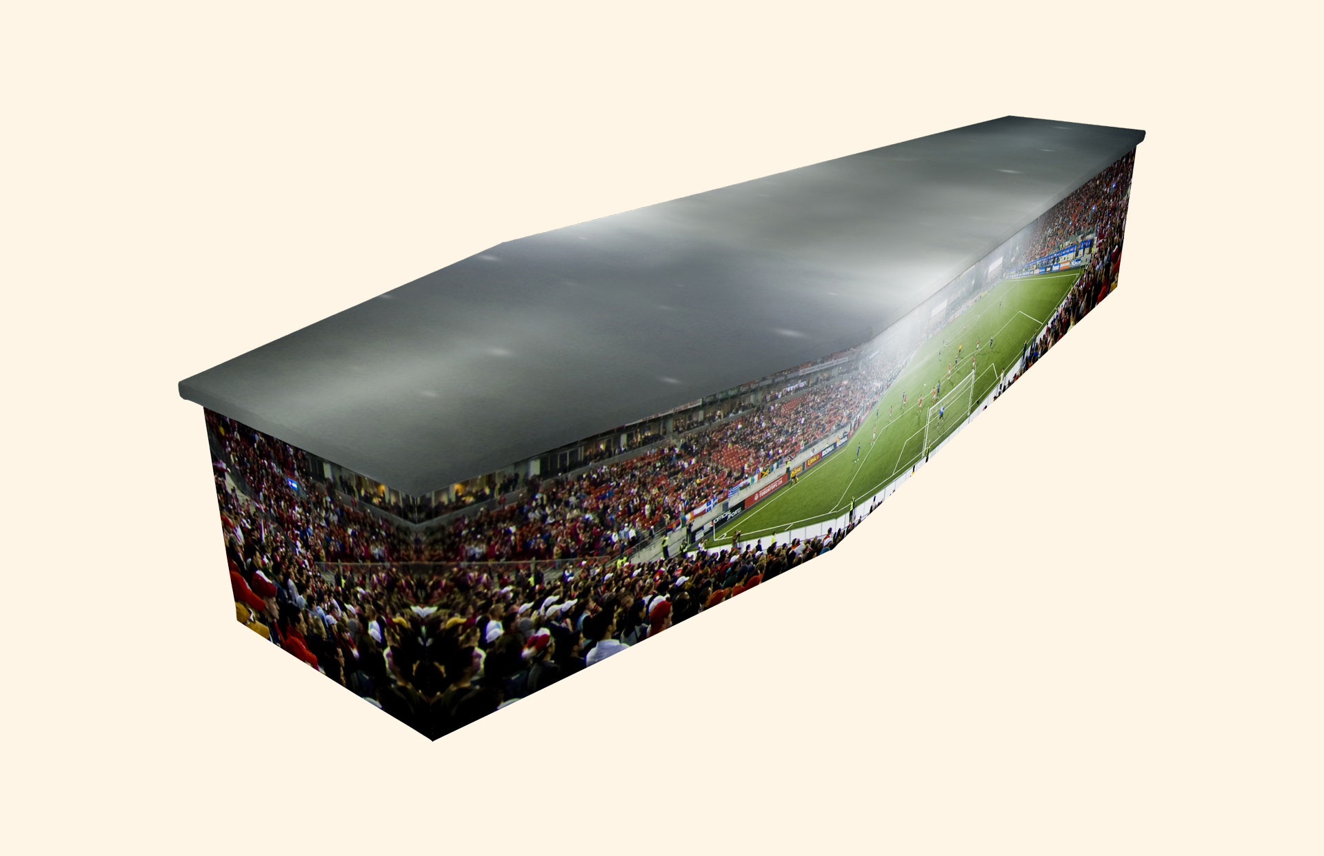 Football Stadium design on a cardboard coffin