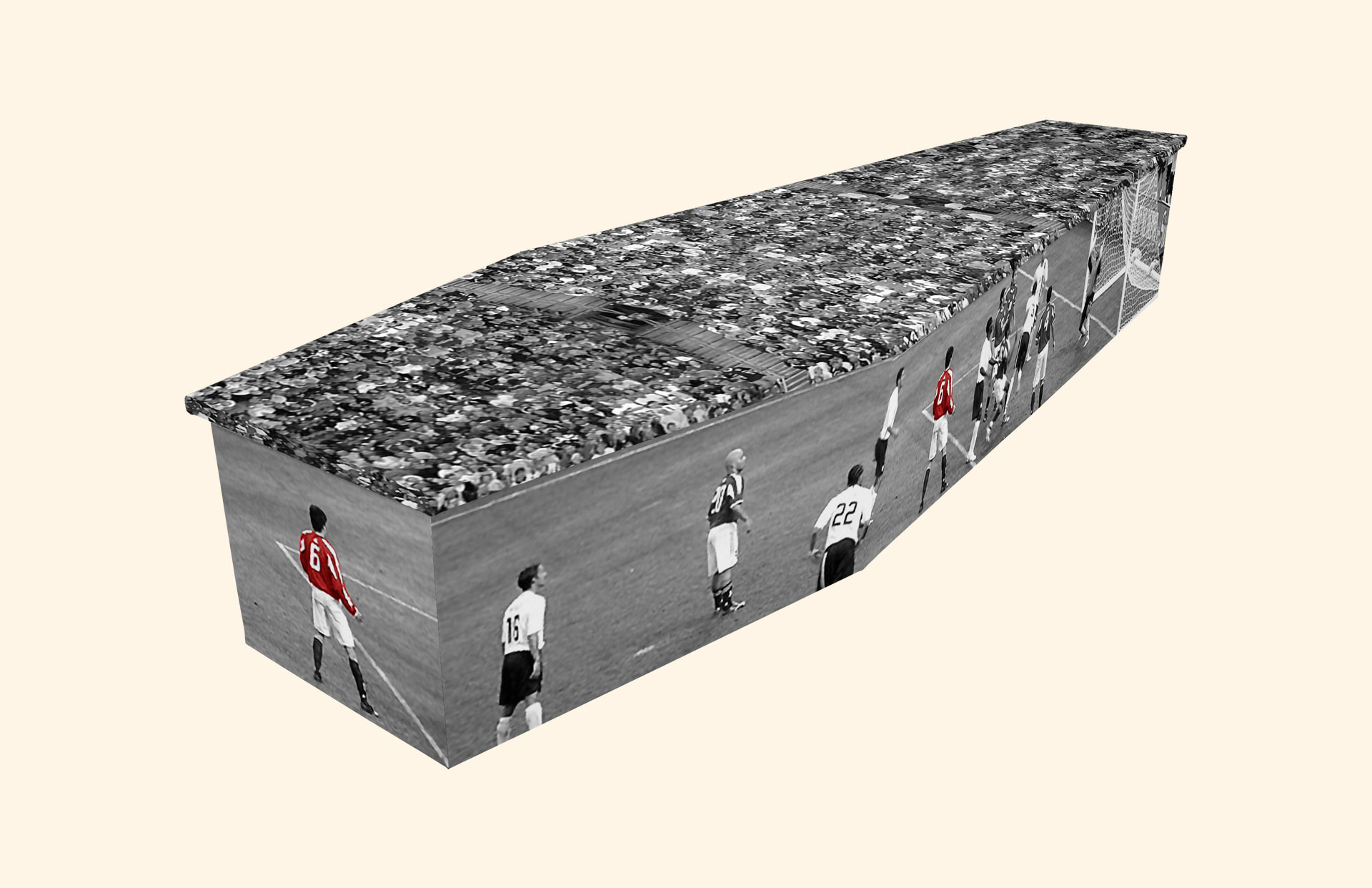 Football design on a cardboard coffin
