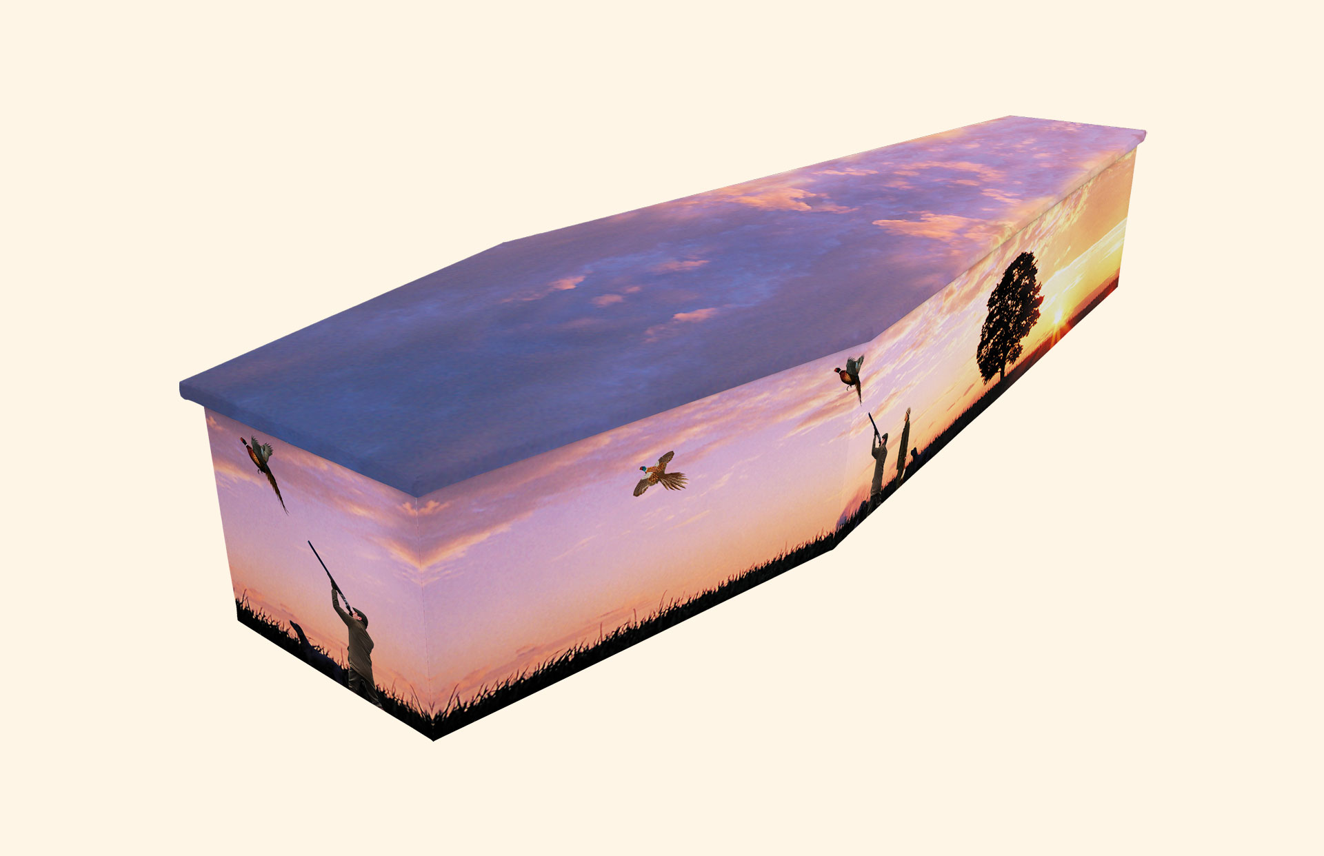 Shooting Sunset design on a cardboard coffin