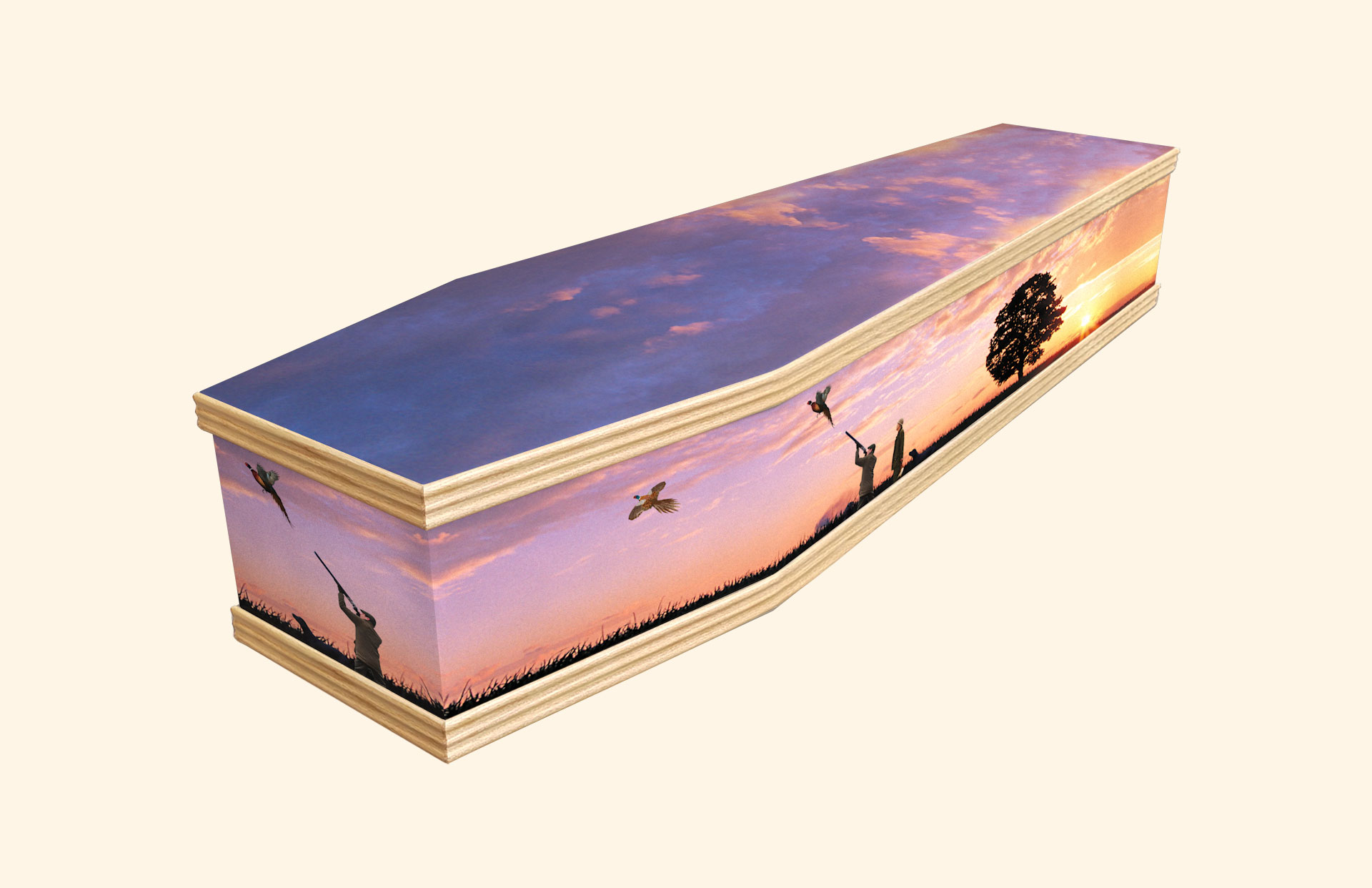Shooting Sunset design on a classic coffin