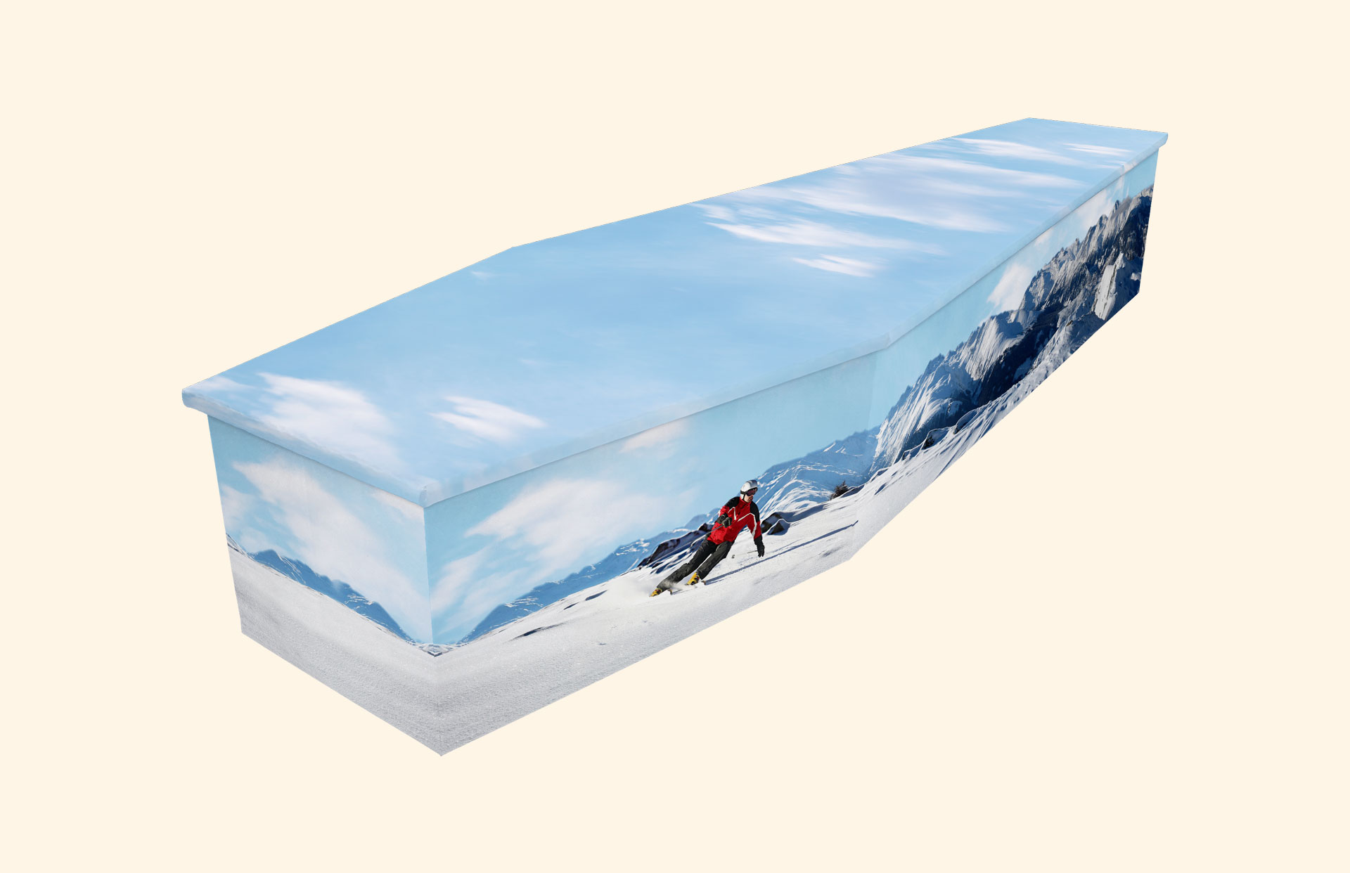 Skiing design on a cardboard coffin