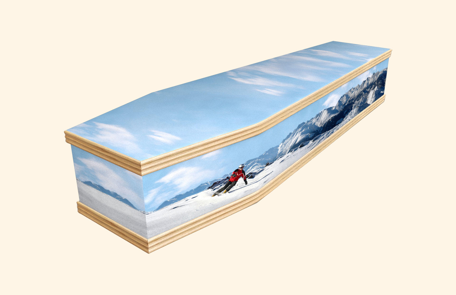 Skiing design on a classic coffin