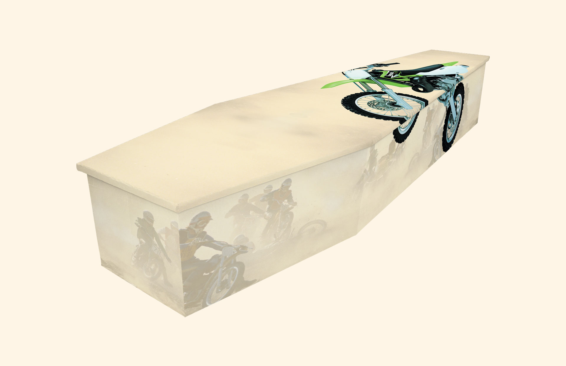 Motocross design on a cardboard coffin