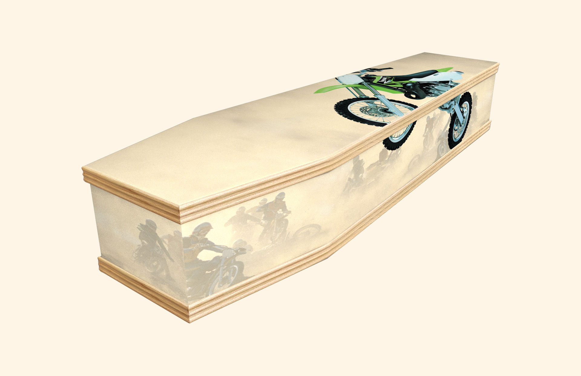 Motocross design on a classic coffin