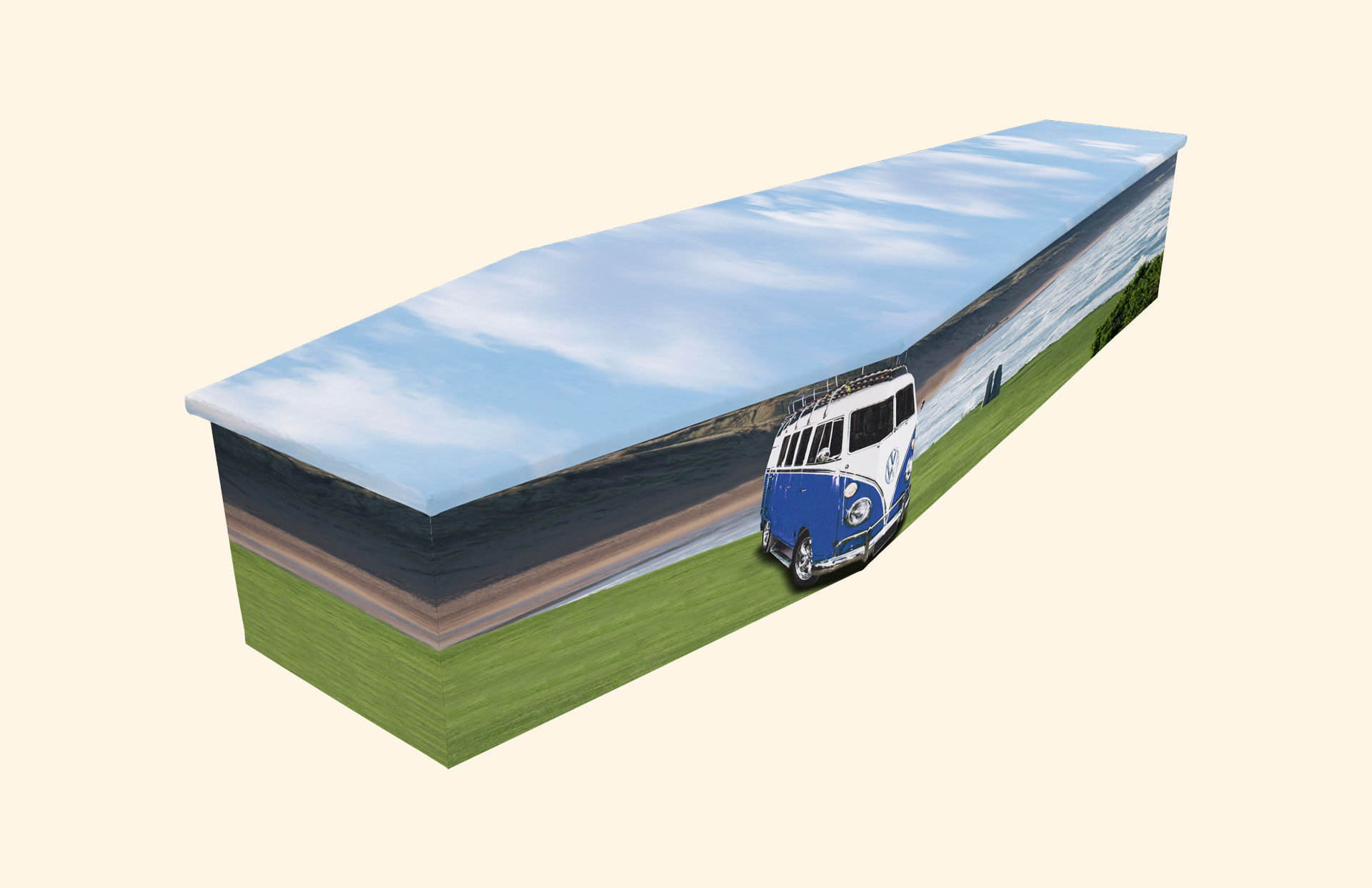 Camper Van design on a cardboard coffin
