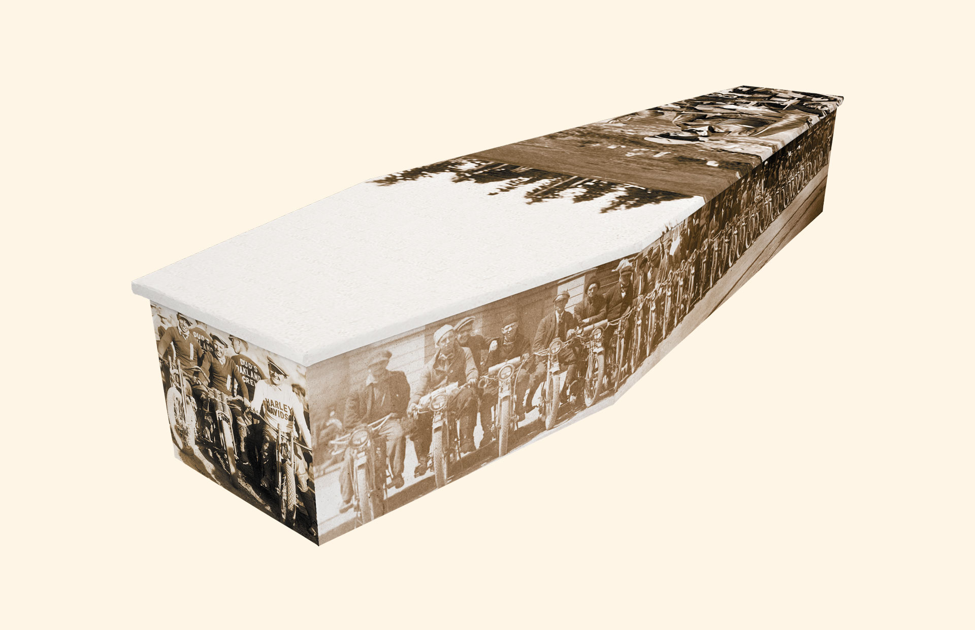 Vintage Motorbikes design on a cardboard coffin