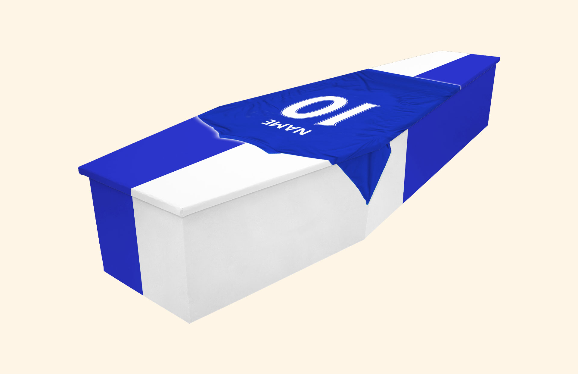 Blue and White design on a cardboard coffin